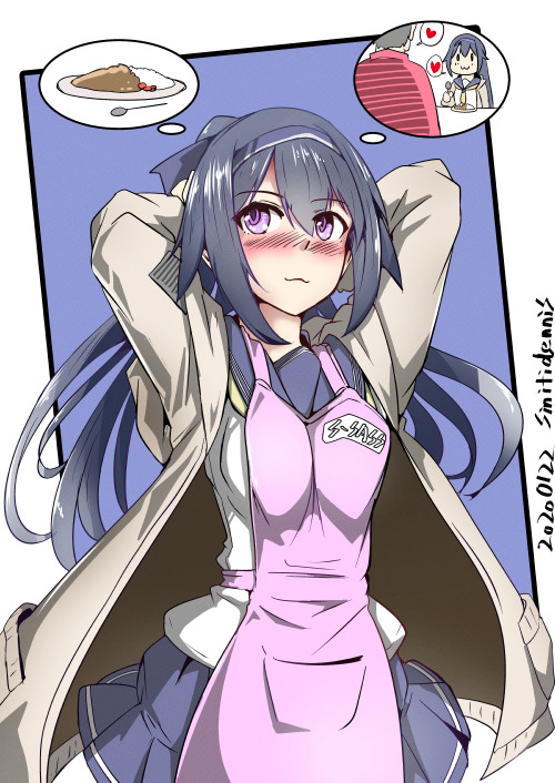 minami shin (zenshuu bougyo), commander (girls' frontline), super sass (girls' frontline), girls' frontline, 1boy, 1girl, :3, apron, black hair, blush, breasts, cardigan, cowboy shot, curry, curry rice, dated, food, hair between eyes, heart, long hair, medium breasts, neckerchief, pink apron, pleated skirt, purple eyes, rice, school uniform, serafuku, signature, skirt, smile, solo focus, spoken heart, thinking, tying hair, very long hair, yellow neckerchief