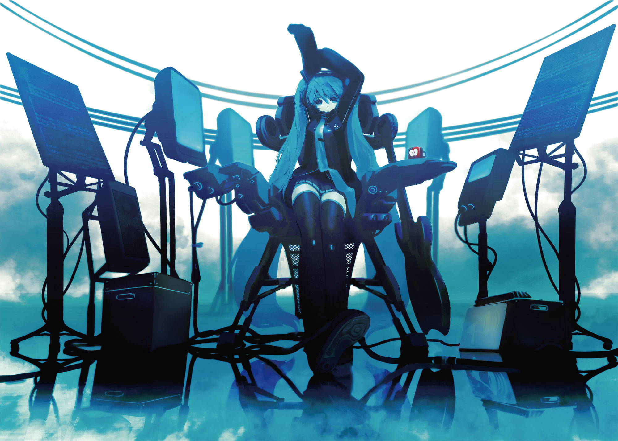 huke, hatsune miku, vocaloid, highres, 1girl, blue hair, boots, computer, cyberpunk, female focus, long hair, skirt, solo, thigh boots, thighhighs, very long hair, zettai ryouiki