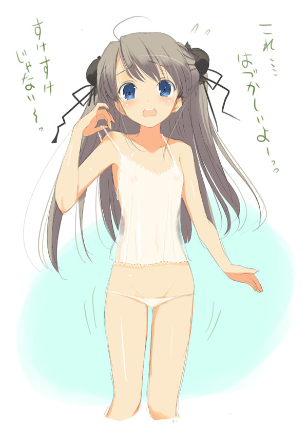 yaegashi nan, 1girl, blue eyes, brown hair, camisole, female focus, flat chest, long hair, lowleg, lowleg panties, midriff, nipples, panties, see-through clothes, solo, underwear