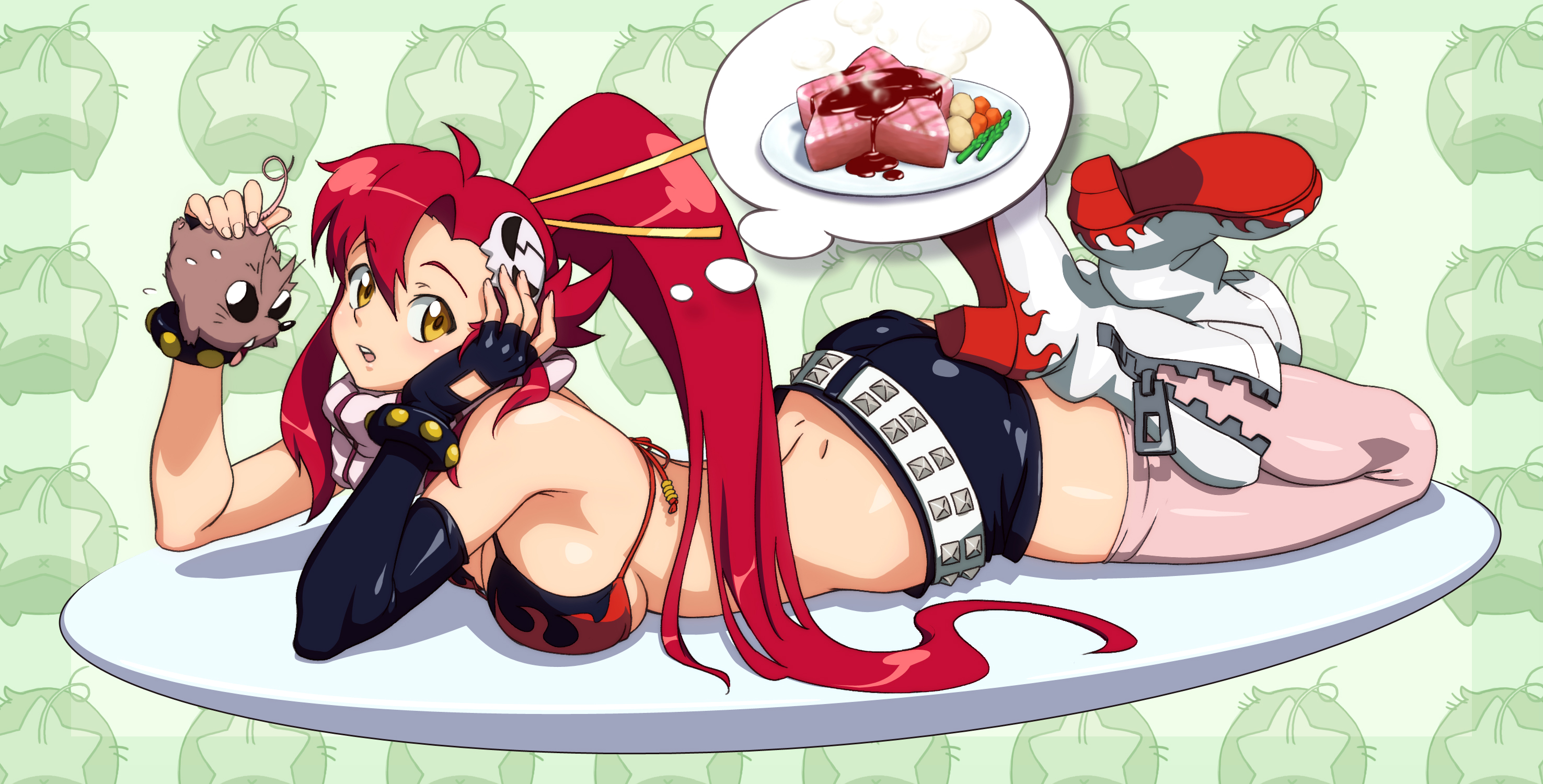 kagerou (decoi), boota (ttgl), yoko littner, tengen toppa gurren lagann, highres, 00s, 1girl, bikini, bikini top only, black bikini, breast press, breasts, dinner, dreaming, elbow gloves, female focus, fingerless gloves, food, gloves, large breasts, long hair, lying, on stomach, ponytail, red hair, scarf, short shorts, shorts, solo, star (symbol), steak, swimsuit, thighhighs, yellow eyes, zipper