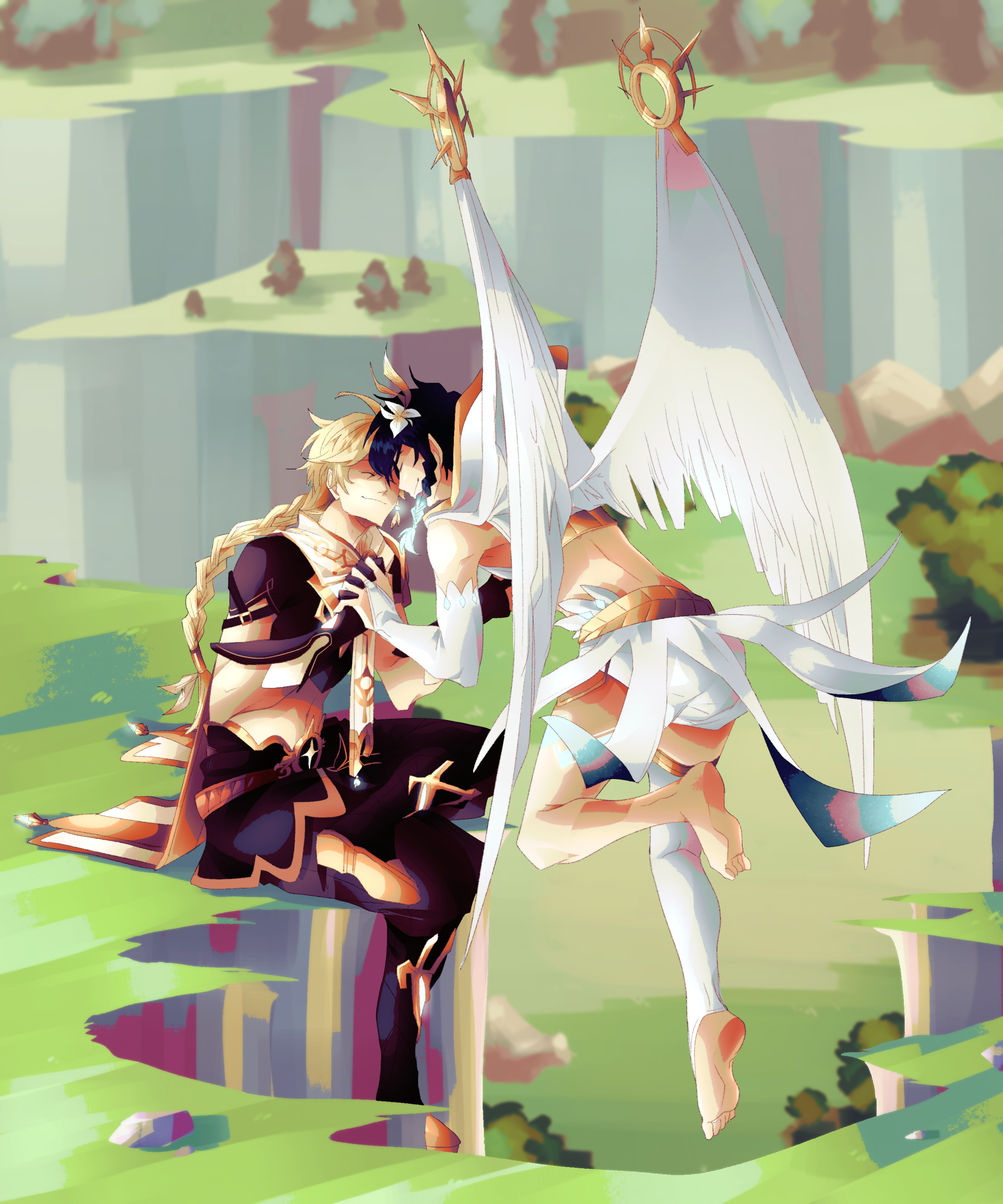 hiffuu, aether (genshin impact), venti (archon) (genshin impact), venti (genshin impact), genshin impact, absurdres, highres, androgynous, angel wings, aqua background, aqua eyes, blonde hair, braid, crop top, flower, glowing, glowing hair, hair flower, hair ornament, harp, holding hands, hood, hood down, instrument, long hair, short hair, short shorts, shorts, single braid, single thighhigh, sitting, thighhighs, wings
