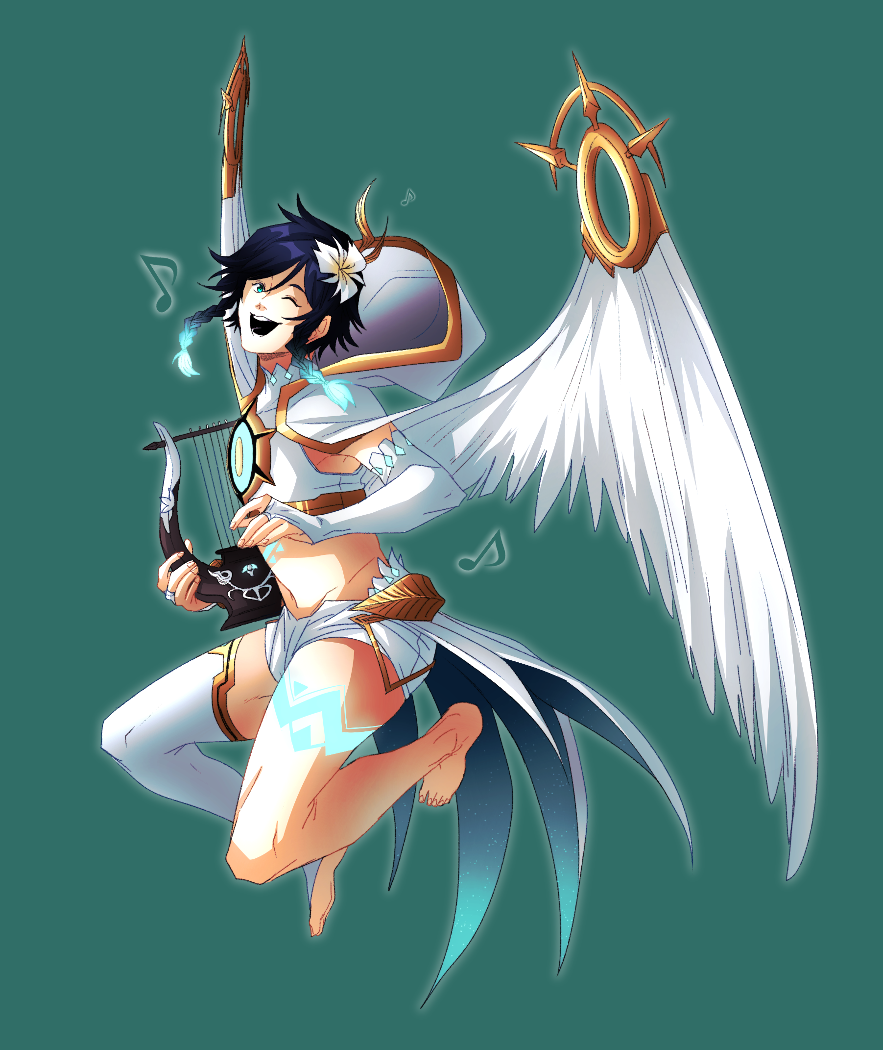 hiffuu, venti (archon) (genshin impact), venti (genshin impact), genshin impact, highres, androgynous, angel wings, aqua background, aqua eyes, crop top, flower, full body, glowing, glowing hair, hair flower, hair ornament, harp, hood, hood down, instrument, musical note, short shorts, shorts, single thighhigh, thighhighs, wings