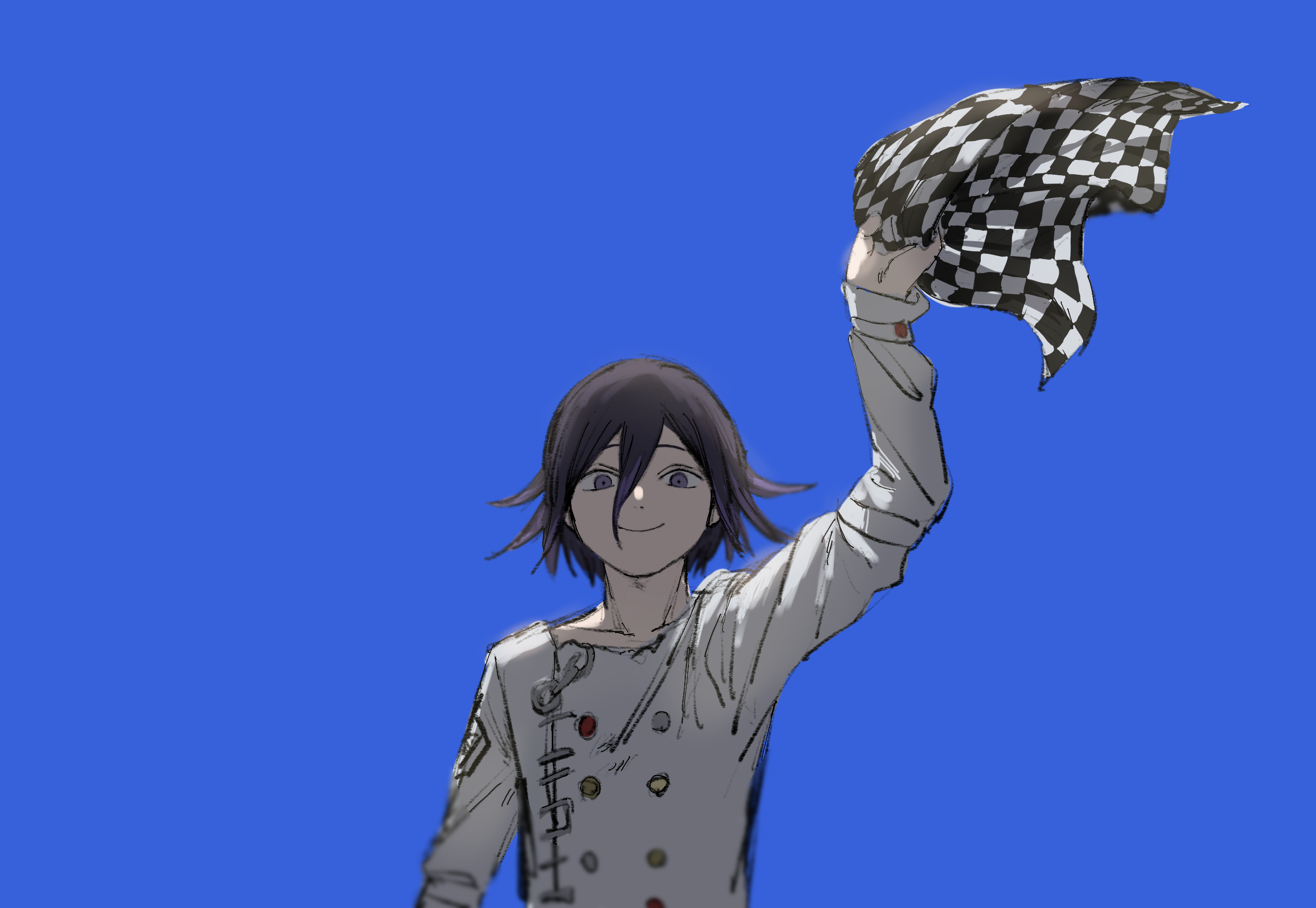 krmtknkoo1582, oma kokichi, danganronpa (series), danganronpa v3: killing harmony, commentary request, highres, 1boy, arm belt, arm up, belt, black scarf, blue background, buttons, chain, checkered clothes, checkered scarf, closed mouth, collarbone, crest, double-breasted, hair between eyes, happy, holding, holding unworn clothes, holding unworn scarf, jacket, long hair between eyes, long sleeves, looking at viewer, male focus, multicolored buttons, multiple belts, purple eyes, purple hair, scarf, short hair, simple background, smile, solo, straight-on, two-tone scarf, unworn scarf, upper body, waving, white belt, white jacket, white scarf, wrist belt