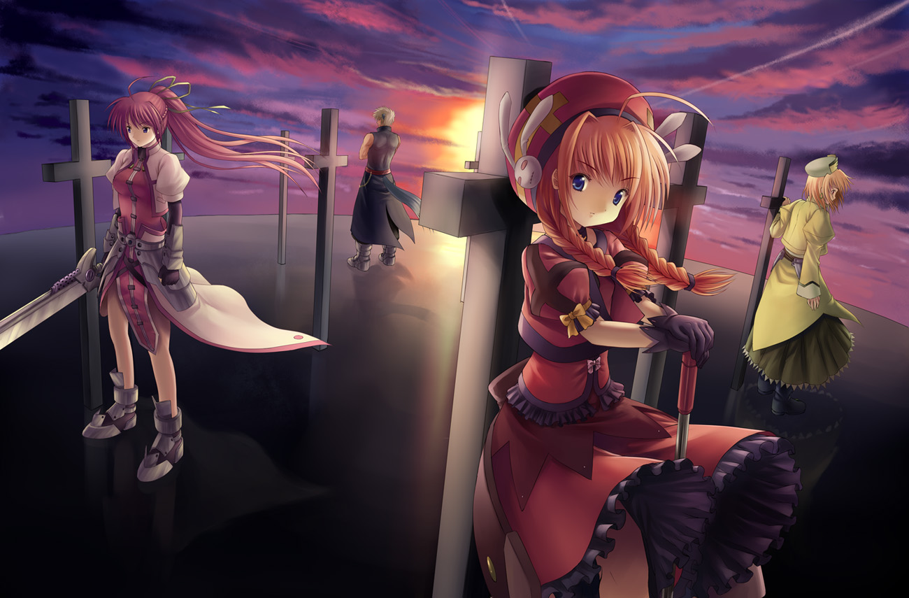 kitiroku, graf eisen, laevatein (nanoha), shamal, signum, vita (nanoha), zafira, lyrical nanoha, mahou shoujo lyrical nanoha, mahou shoujo lyrical nanoha a's, 00s, 1boy, 3girls, blonde hair, blue eyes, braid, cross, gloves, hat, long hair, multiple girls, ponytail, red hair, sunset, sword, twin braids, twintails, weapon, whip sword