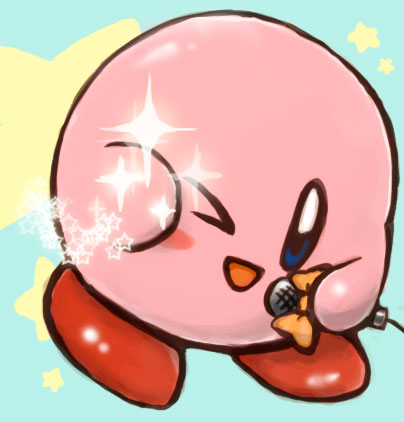 pira, piranosuke, kirby, kirby (series), macross, macross frontier, nintendo, bad id, bad pixiv id, lowres, bow, microphone, no humans, one eye closed, parody, seikan hikou, sparkle, star (symbol)