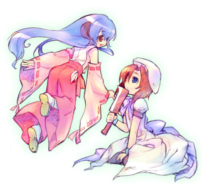 wanko (pixiv), wanko (takohati8), hanyuu, ryuuguu rena, higurashi no naku koro ni, 2girls, billhook, blue eyes, cosplay, dress, hakama, hakama skirt, hashitsuki nata, hatchet, horns, japanese clothes, long hair, miko, multiple girls, nata (tool), orange hair, purple hair, red eyes, red hakama, short hair, skirt, weapon