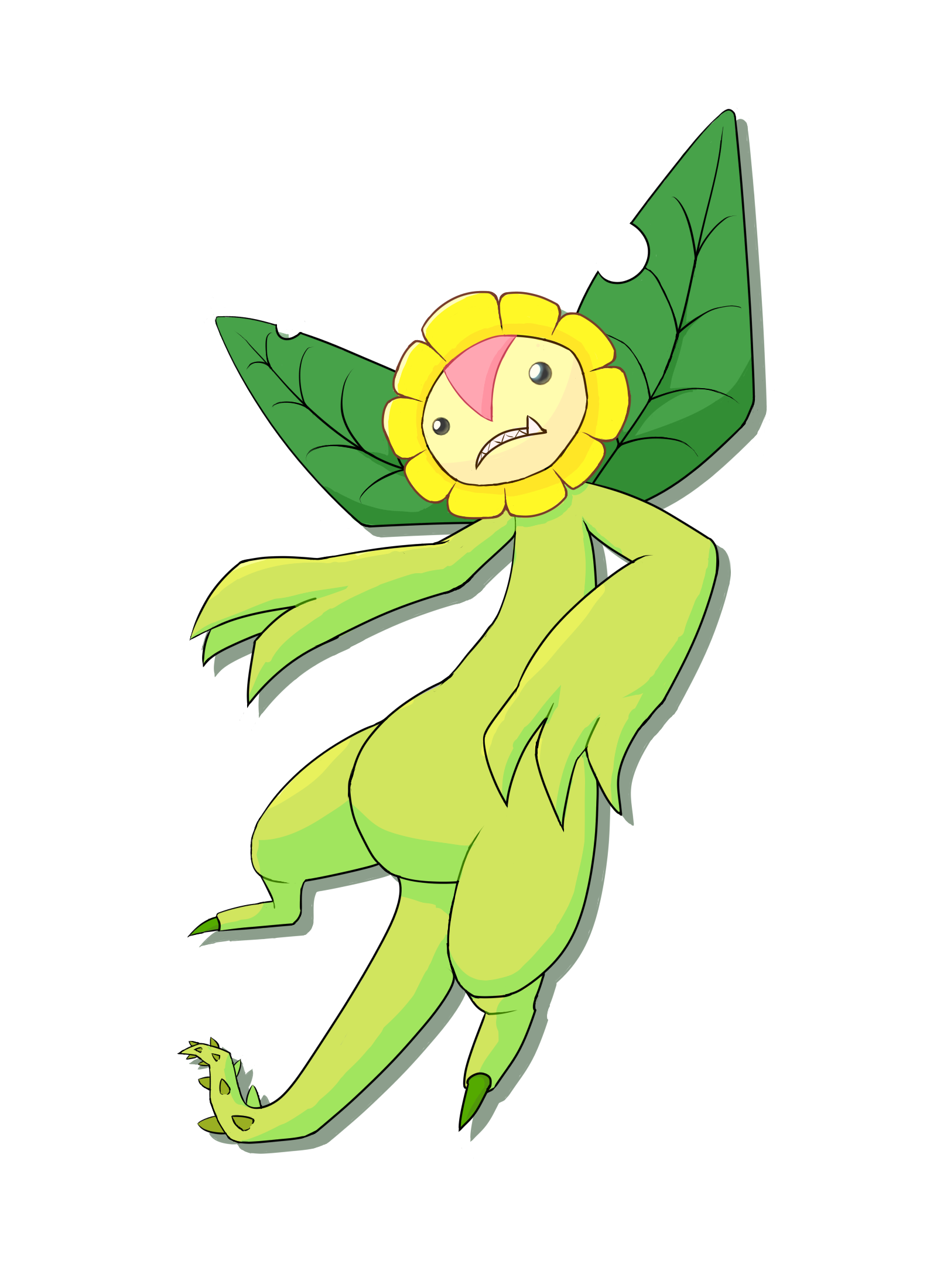 sunflowmon, digimon, highres, digimon (creature), flower, illuzzion, leaf, petals, sunflower, tail
