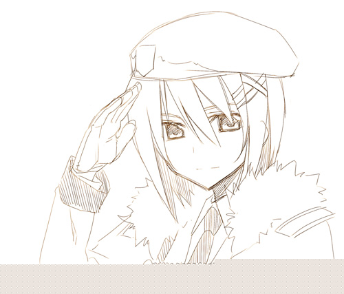 himura kiseki, yagami hayate, lyrical nanoha, mahou shoujo lyrical nanoha, lowres, 00s, 1girl, beret, female focus, gloves, greyscale, hair ornament, hat, monochrome, necktie, salute, solo, x hair ornament