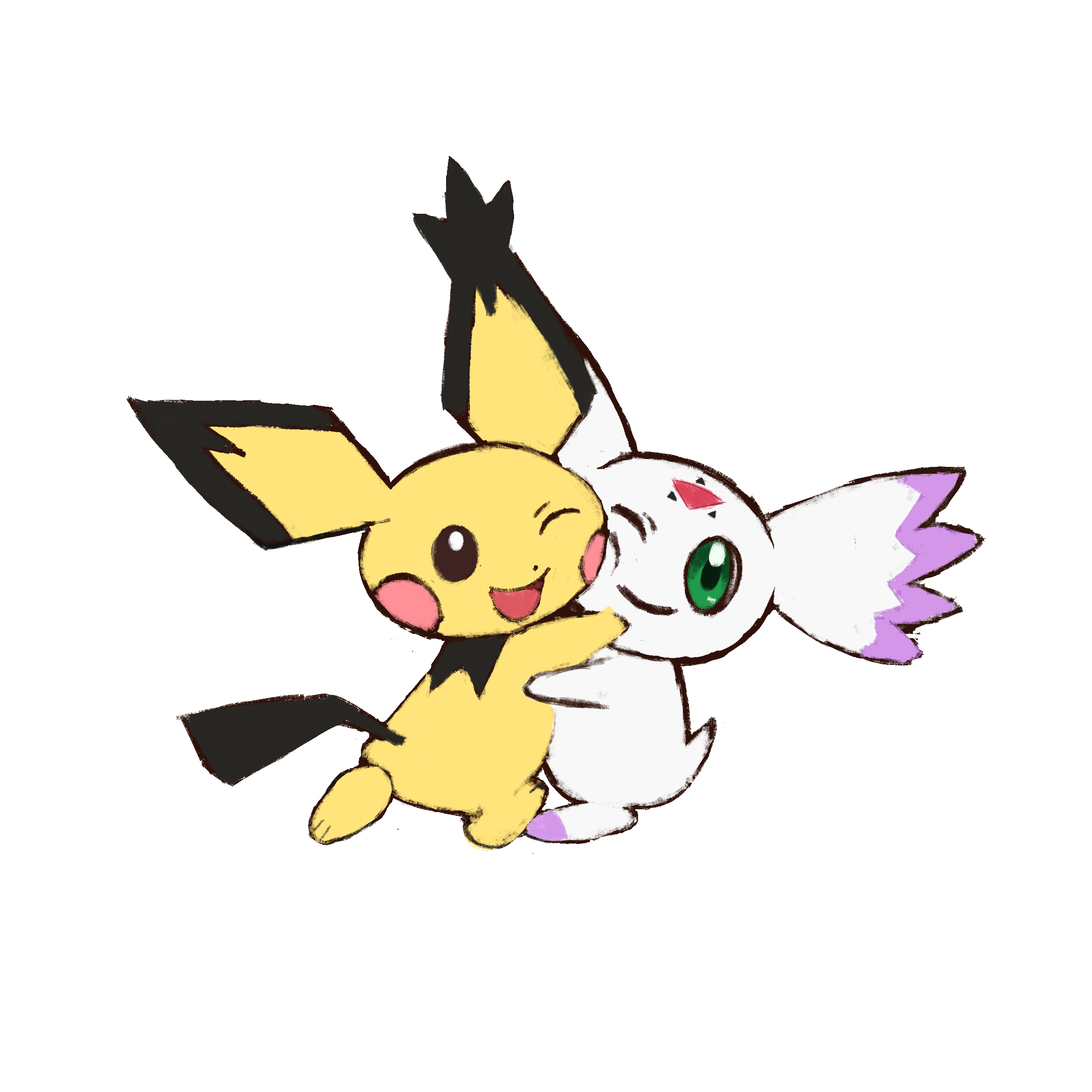 culumon, pichu, digimon, nintendo, pokemon, highres, digimon (creature), gen 2 pokemon, green eyes, pixiv user (74556225), pointy ears, pokemon (creature), triangle, zero unit