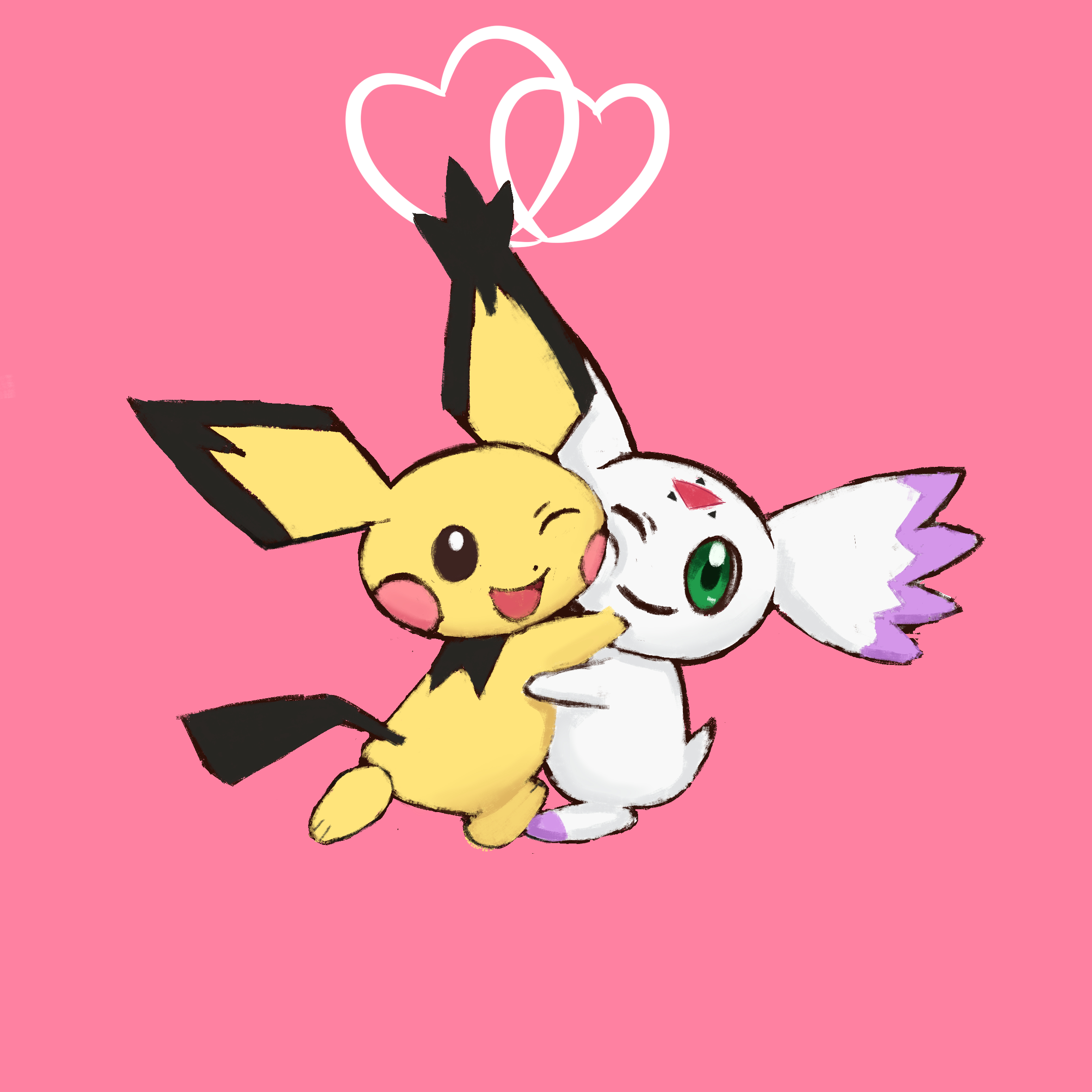culumon, pichu, digimon, nintendo, pokemon, highres, digimon (creature), gen 2 pokemon, green eyes, pixiv user (74556225), pointy ears, pokemon (creature), triangle, zero unit