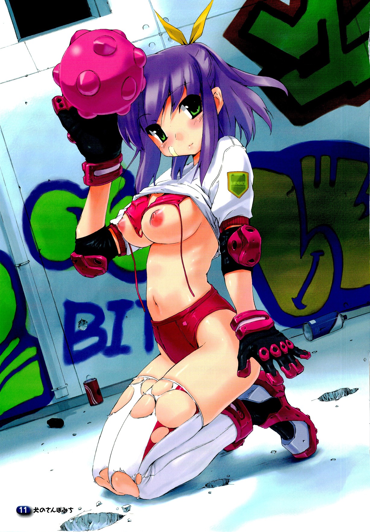 inu777, fujino shion, hatsu inu, highres, 00s, 1girl, blush, bra, breasts, buruma, clothes lift, female focus, gloves, graffiti, gym shorts, kneeling, large breasts, lingerie, nipples, puffy nipples, purple hair, shirt lift, shorts, solo, thighhighs, torn clothes, underwear