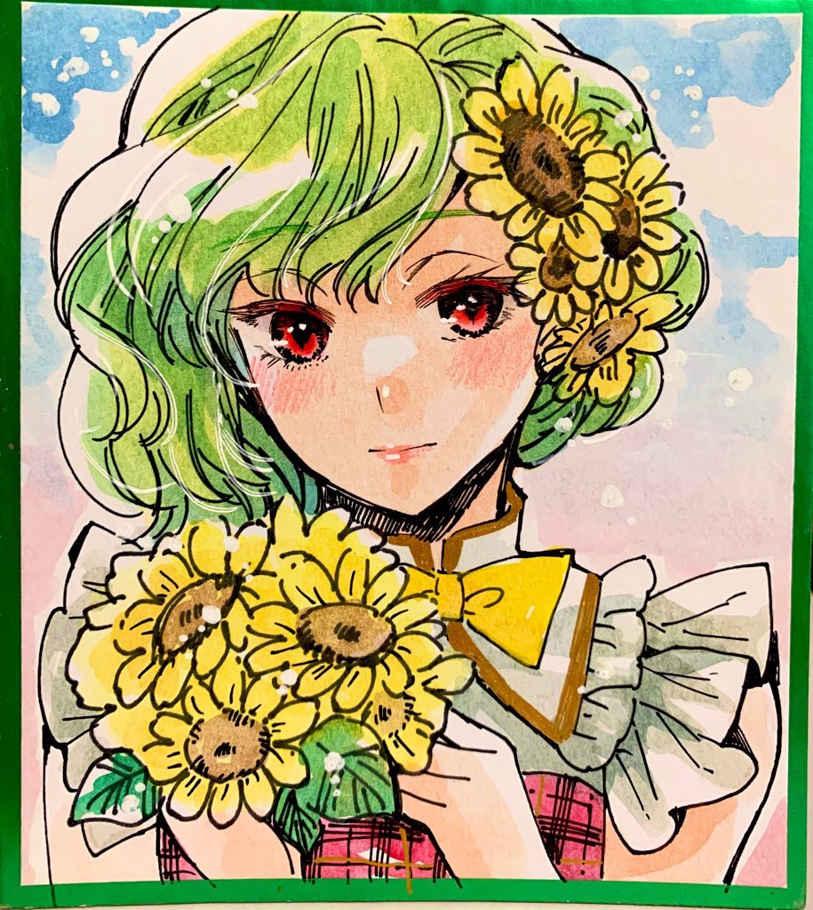iori (akaringo), kazami yuuka, touhou, painting (medium), traditional media, watercolor (medium), 1girl, ascot, cropped torso, flower, holding, holding flower, light smile, long sleeves, looking at viewer, medium hair, solo, straight-on, sunflower, yellow ascot, yellow flower