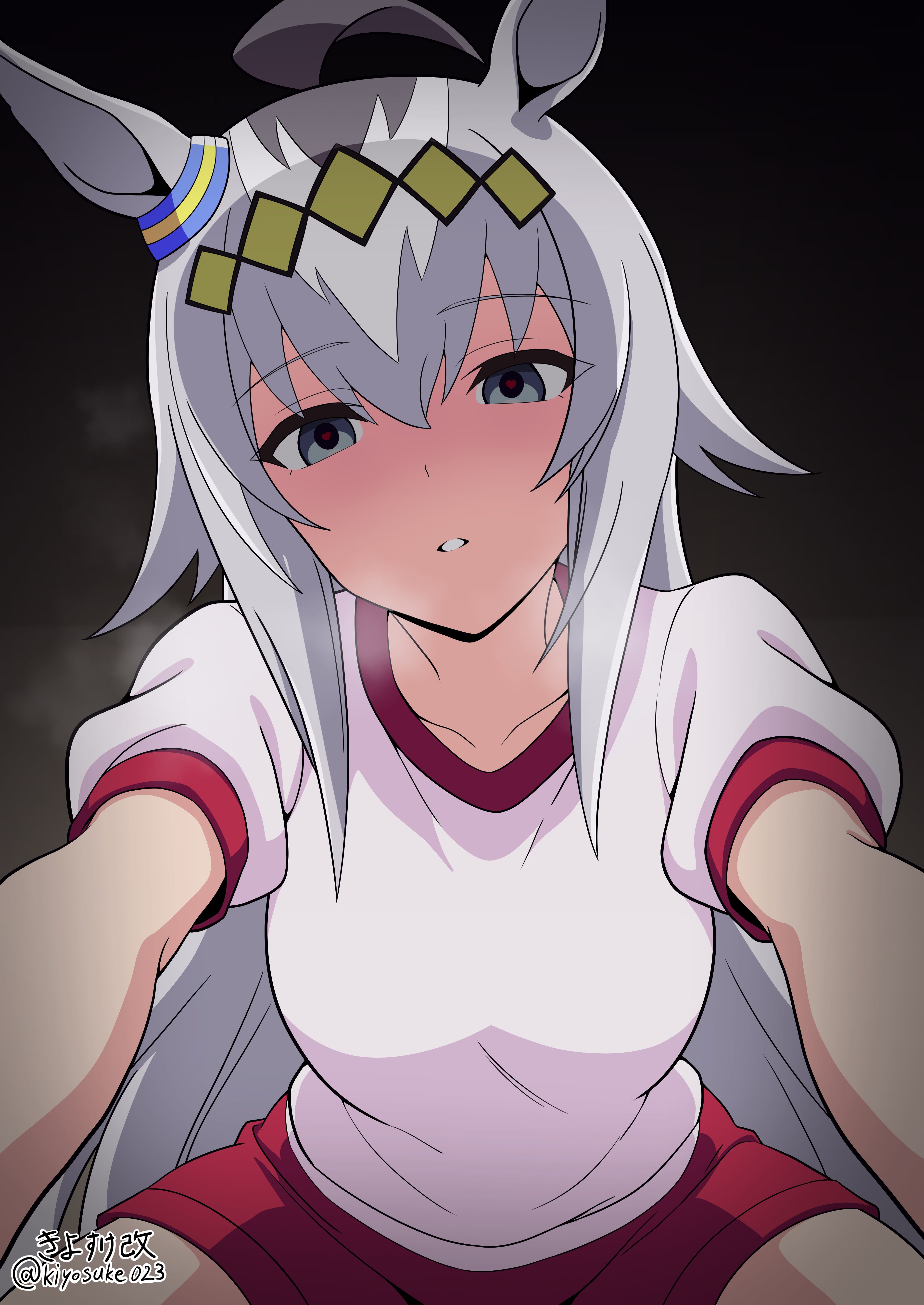 kiyosuke (kiyosuke023), oguri cap (umamusume), umamusume, absurdres, commentary request, highres, 1girl, ahoge, animal ears, artist name, blue eyes, breasts, collarbone, ear ornament, grey hair, hair between eyes, hair ornament, heart, heart-shaped pupils, horse ears, horse girl, indoors, long hair, looking at viewer, medium breasts, parted lips, pov, red shorts, shaded face, shirt, short sleeves, shorts, sidelocks, solo, symbol-shaped pupils, twitter username, very long hair, white shirt