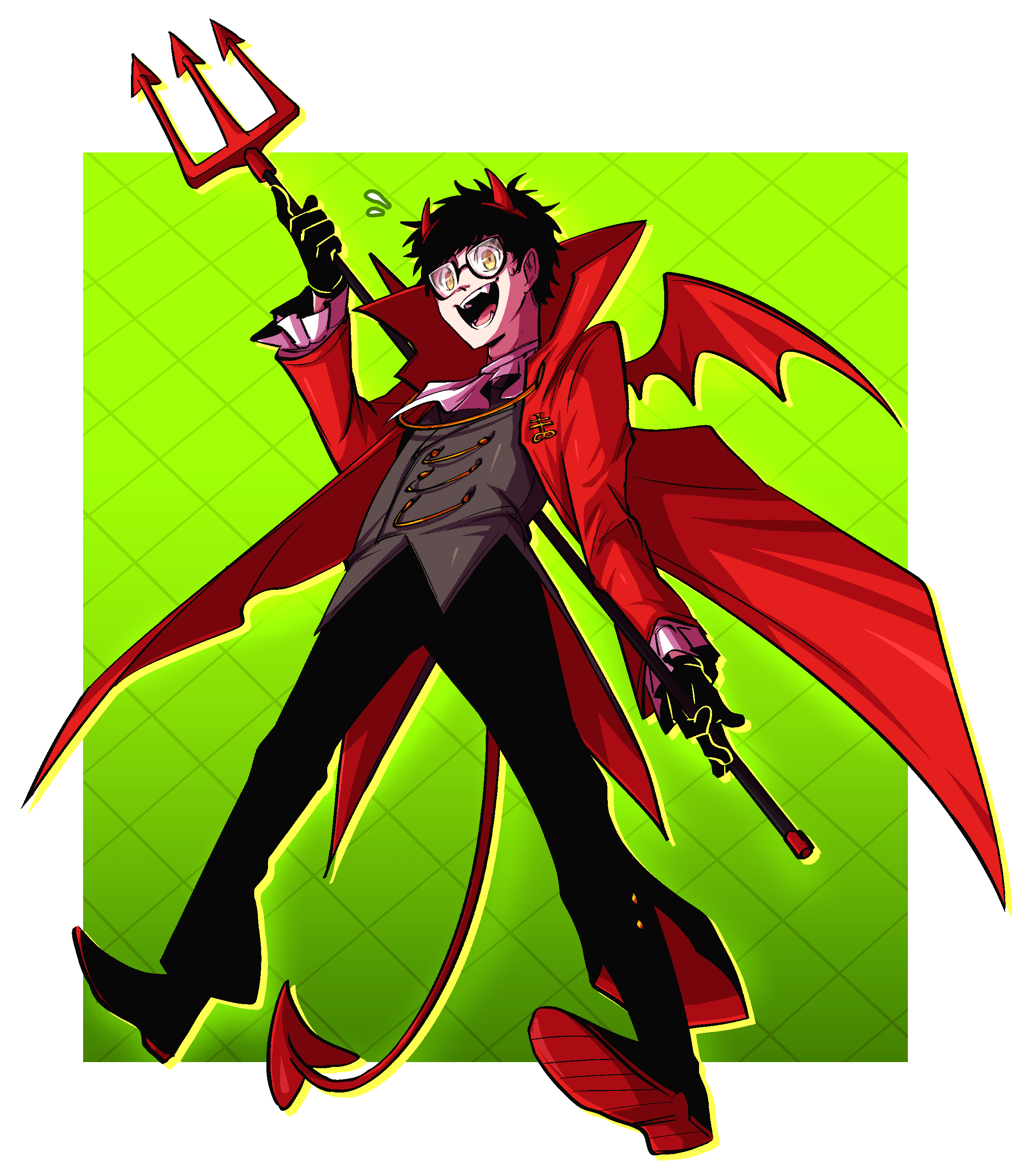 hiffuu, brian pasternack, yuppie psycho, absurdres, highres, 1boy, black hair, cape, demon costume, demon horns, demon tail, fangs, full body, glasses, grin, high collar, holding, holding pitchfork, horns, male focus, open mouth, pitchfork, red cape, short hair, smile, solo, tail, yellow eyes