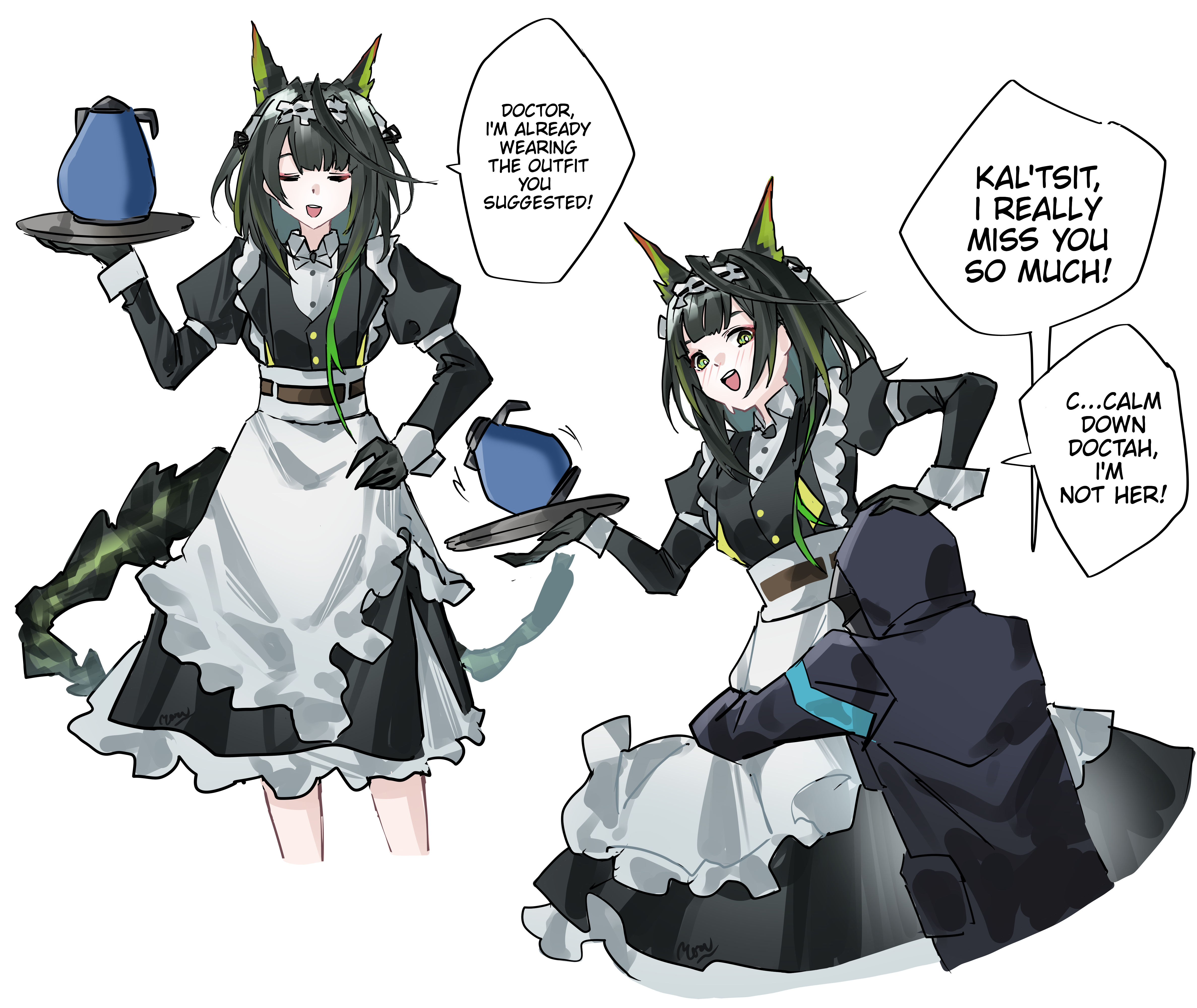 yazu (zoddiacz), doctor (arknights), kal'tsit (arknights), mon3tr (arknights), arknights, absurdres, commentary, english commentary, highres, 1girl, 1other, animal ears, apron, black gloves, cosplay, dress, english text, gloves, green eyes, green hair, hood, kal'tsit (arknights) (cosplay), kal'tsit (the remains of time) (arknights), long sleeves, maid, maid headdress, speech bubble, white apron