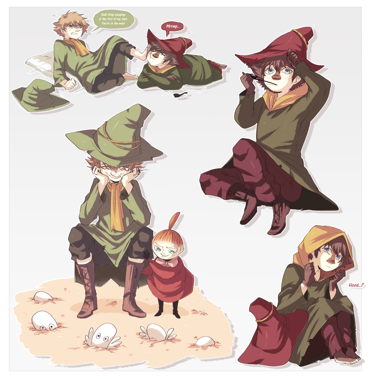 hiffuu, hattifattener, joxter, little my, snufkin, moomin, highres, 1boy, 1girl, 2boys, barefoot, blue eyes, brown hair, coat, father and son, green coat, green hat, hat, hood, hood up, mini person, minigirl, multiple boys, pillow, red hat, short hair, smoking pipe
