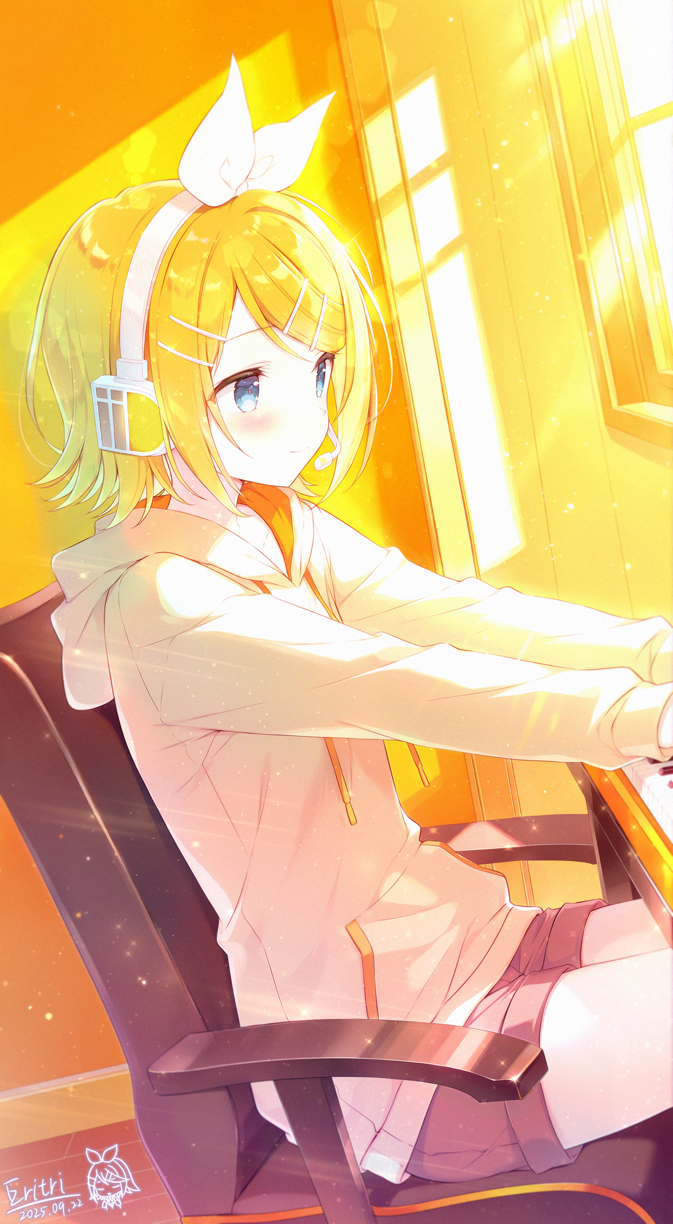 eritri, kagamine rin, vocaloid, highres, 1girl, blonde hair, blue eyes, chair, headband, headphones, hood, hoodie, indoors, long hair, looking to the side, microphone, on chair, shorts, sitting, solo, window