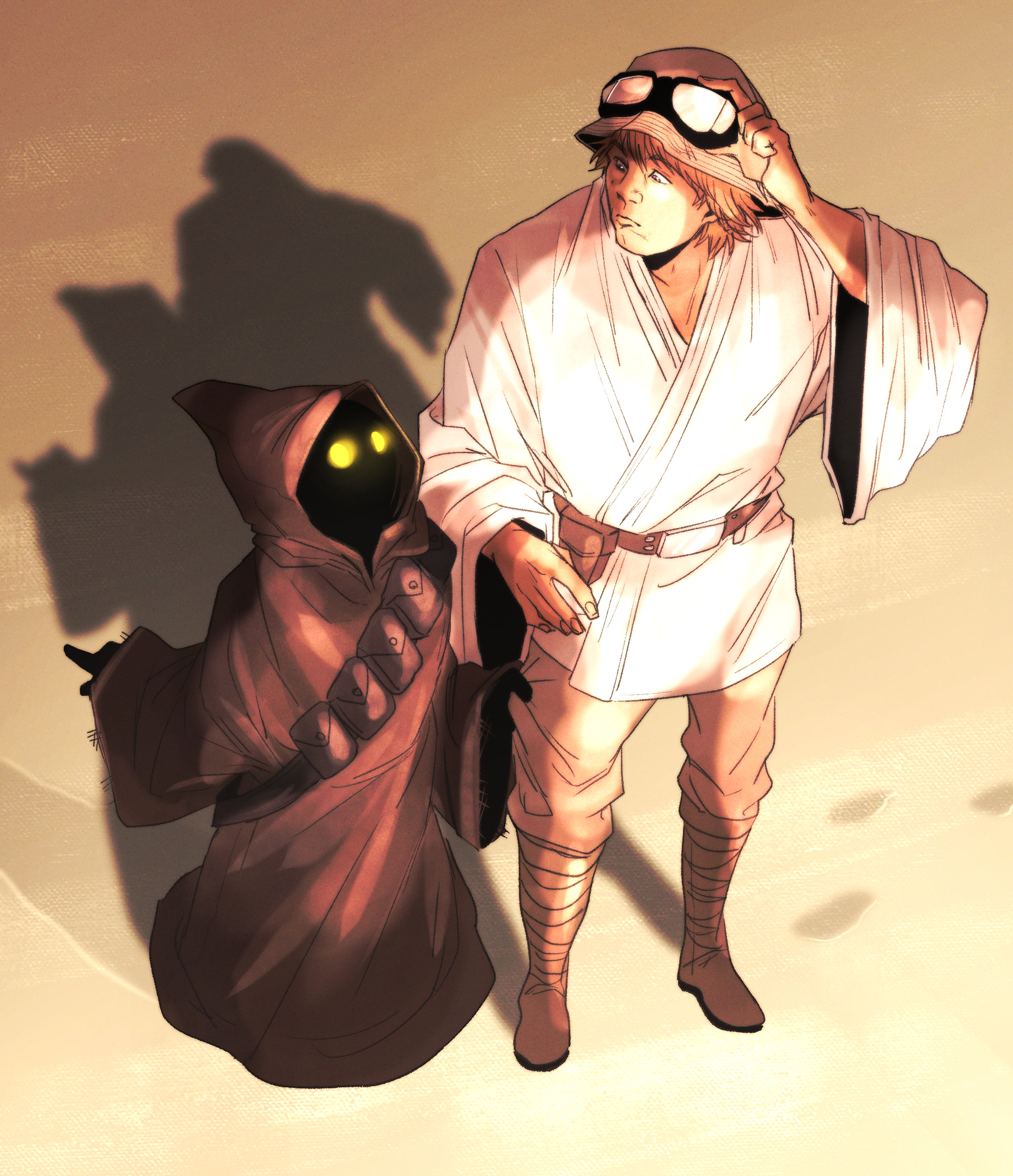 hiffuu, luke skywalker, star wars, highres, 1boy, 1other, brown cloak, bucket hat, cloak, footprints, full body, glowing, glowing eyes, goggles, goggles on head, hat, hood, jawa, sand, shaded face, shadow, short hair, standing, tunic, white tunic