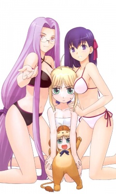 artoria pendragon (fate), matou sakura, medusa (fate), medusa (rider) (fate), saber (fate), fate/stay night, fate (series), image sample, lowres, non-web source, 00s, 4girls, age difference, ahoge, animal costume, bikini, blonde hair, breasts, chibi, costume, glasses, green eyes, large breasts, lion costume, long hair, low-tied long hair, multiple girls, open mouth, pink eyes, purple eyes, purple hair, side-tie bikini bottom, simple background, smile, square pupils, swimsuit, thumbnail, very long hair