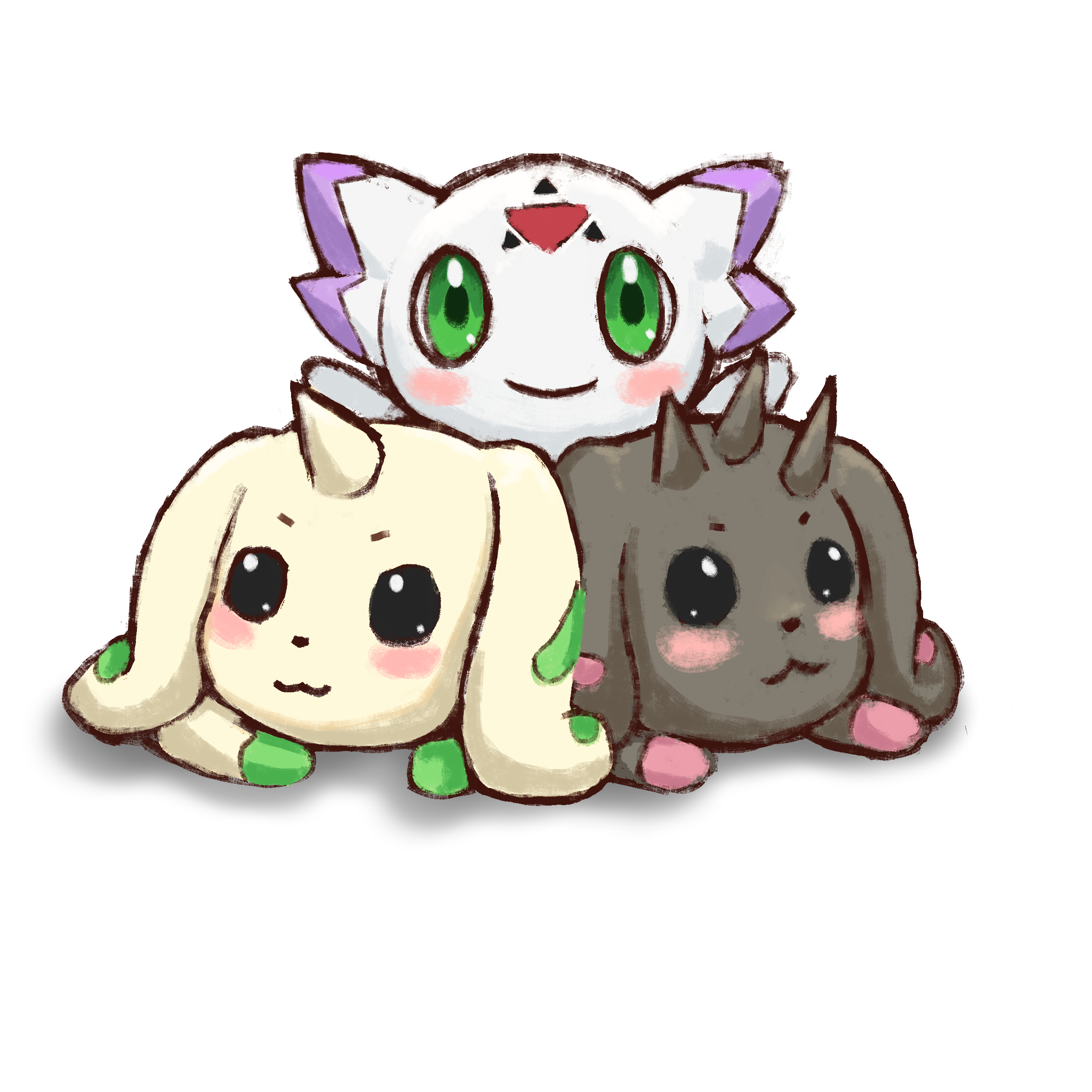 culumon, lopmon, terriermon, digimon, highres, digimon (creature), green eyes, pixiv user (74556225), pointy ears, smile, triangle, zero unit
