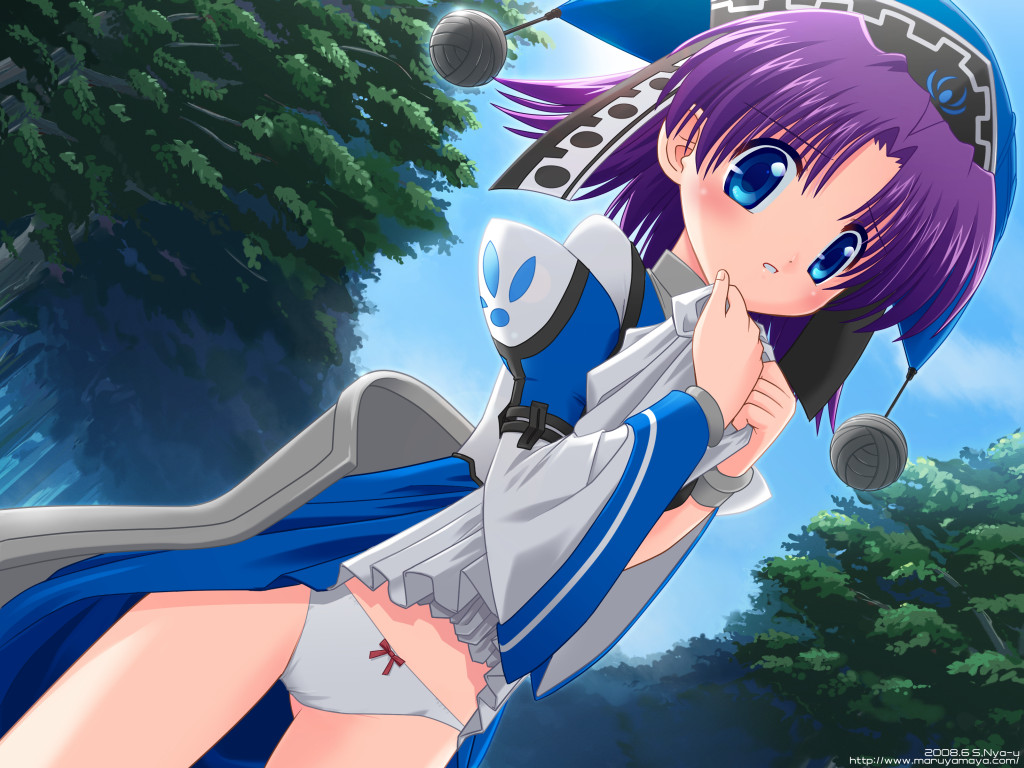 nya maru, fomarl, phantasy star, phantasy star online, 1girl, aged down, blue eyes, bow, bow panties, clothes lift, day, dutch angle, female focus, forest, hat, long sleeves, looking at viewer, nature, outdoors, panties, puffy sleeves, purple hair, short hair, skirt, skirt lift, solo, underwear, white panties, wide sleeves