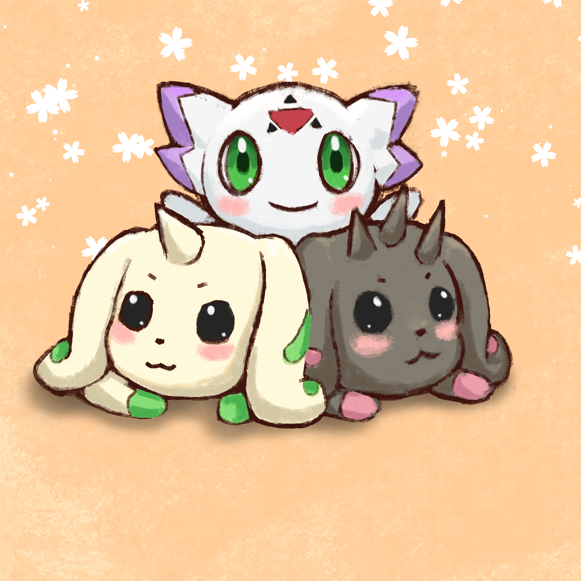 culumon, lopmon, terriermon, digimon, highres, digimon (creature), green eyes, pixiv user (74556225), pointy ears, smile, triangle, zero unit
