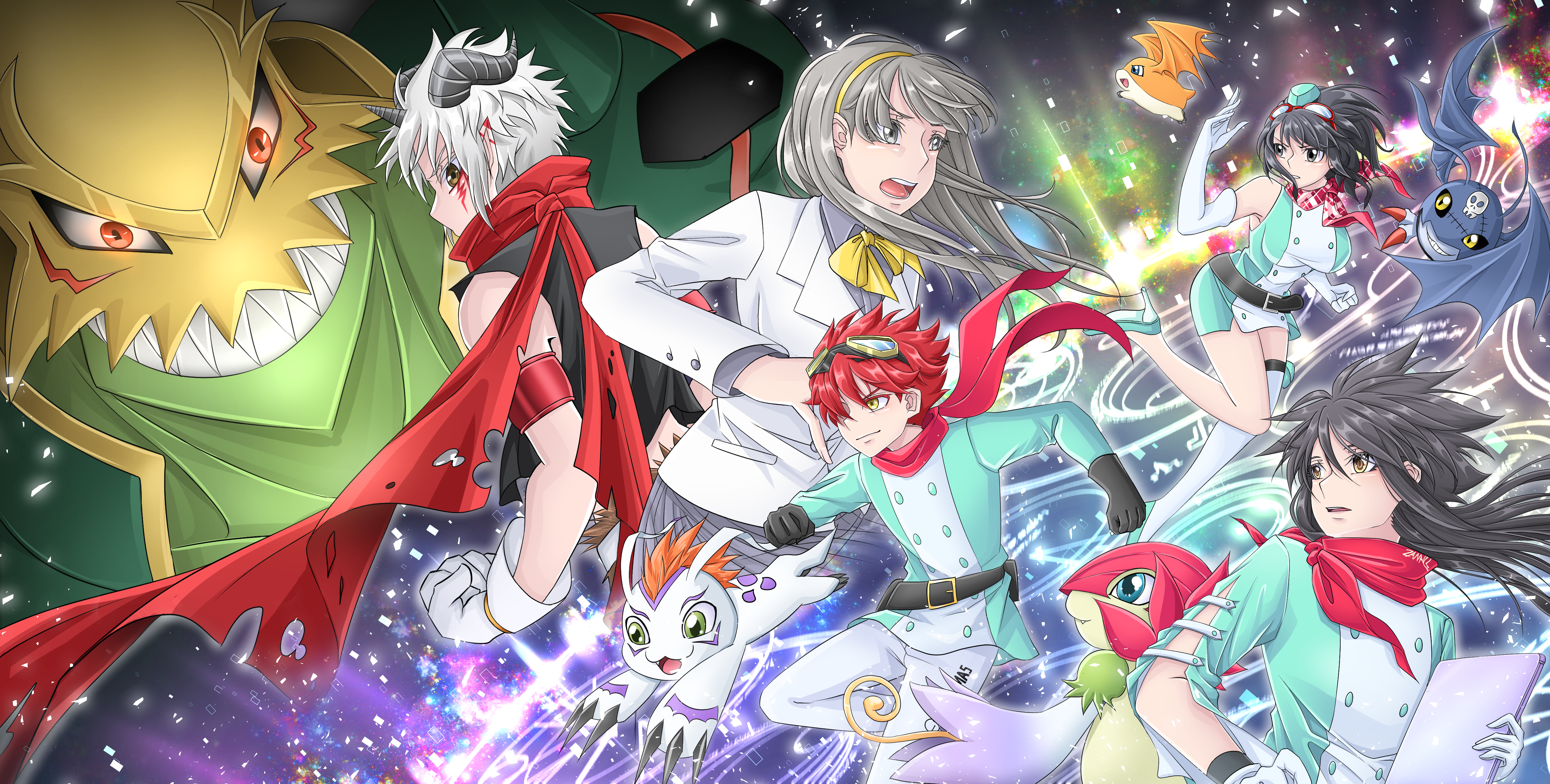 aegiomon, floramon, gomamon, misono inori, patamon, picodevimon, titamon, yuuki dan, yuuki kanan, digimon, digimon story: time stranger, original, absurdres, highres, digimon (creature), scarf, zana iris