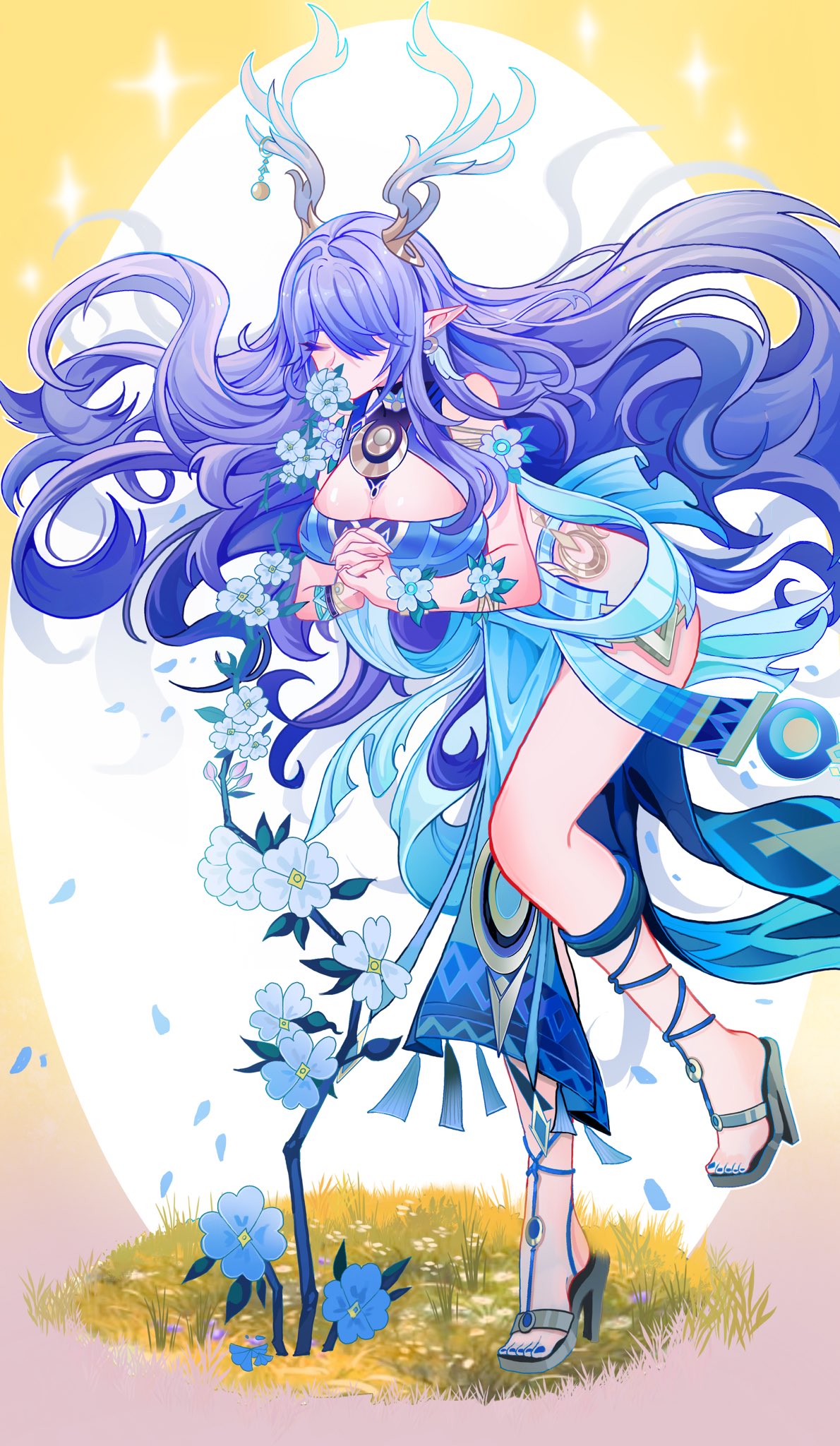 lauma (genshin impact), genshin impact, highres, 1girl, antler ornament, antlers, blue dress, blue nails, breasts, closed eyes, crescent, dress, floating hair, flower, full body, grass, hair over one eye, high heel sandals, high heels, horns, large breasts, long hair, nail polish, own hands together, pointy ears, purple hair, sandals, smelling, solo, standing, standing on one leg, toenail polish, toenails, viviwi, white flower