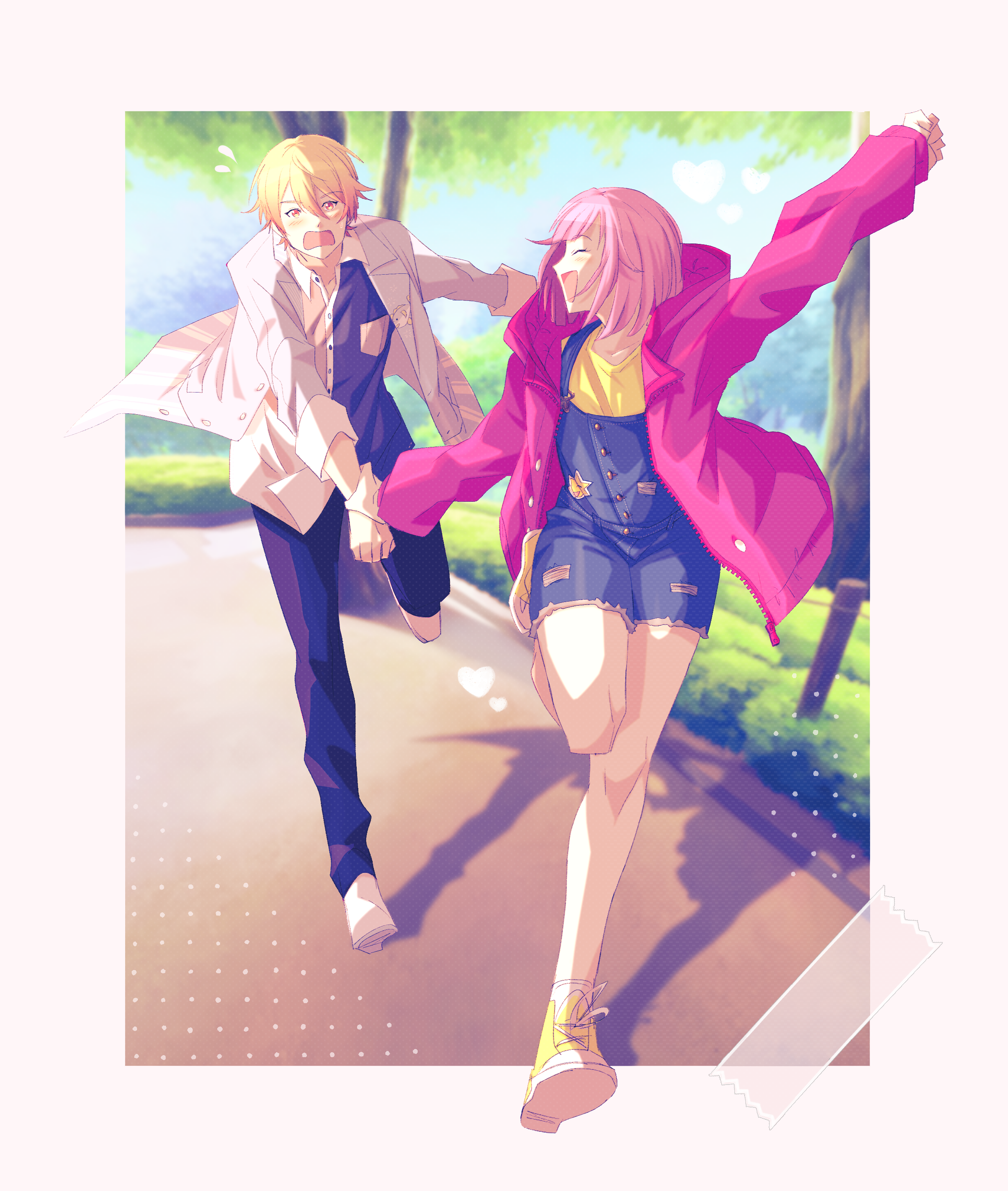 hiffuu, project sekai, absurdres, character request, highres, 1boy, 1girl, blonde hair, flying sweatdrops, full body, heart, holding hands, outdoors, pink hair, short hair, walking