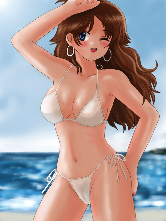 marison (aono107), ultramarine, original, md5 mismatch, 1girl, beach, bikini, blue eyes, brown hair, day, female focus, one eye closed, outdoors, shading eyes, side-tie bikini bottom, solo, swimsuit, white bikini, wink