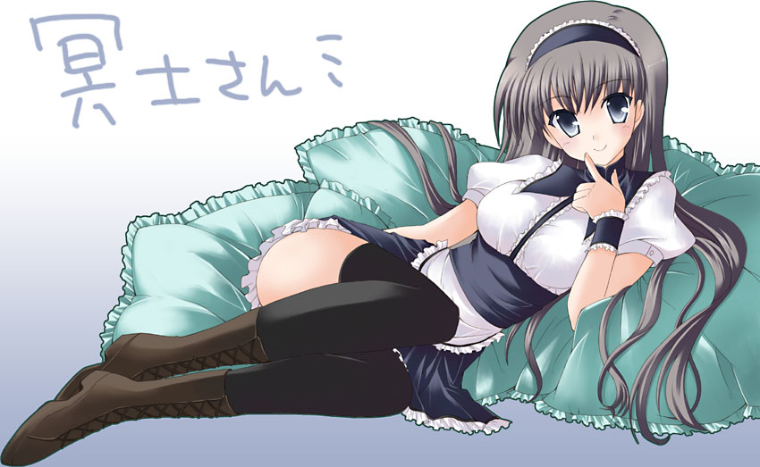 silver hair, non-web source, 1girl, black eyes, boots, female focus, frilled pillow, frills, long hair, pillow, solo, thighhighs, waitress, zettai ryouiki