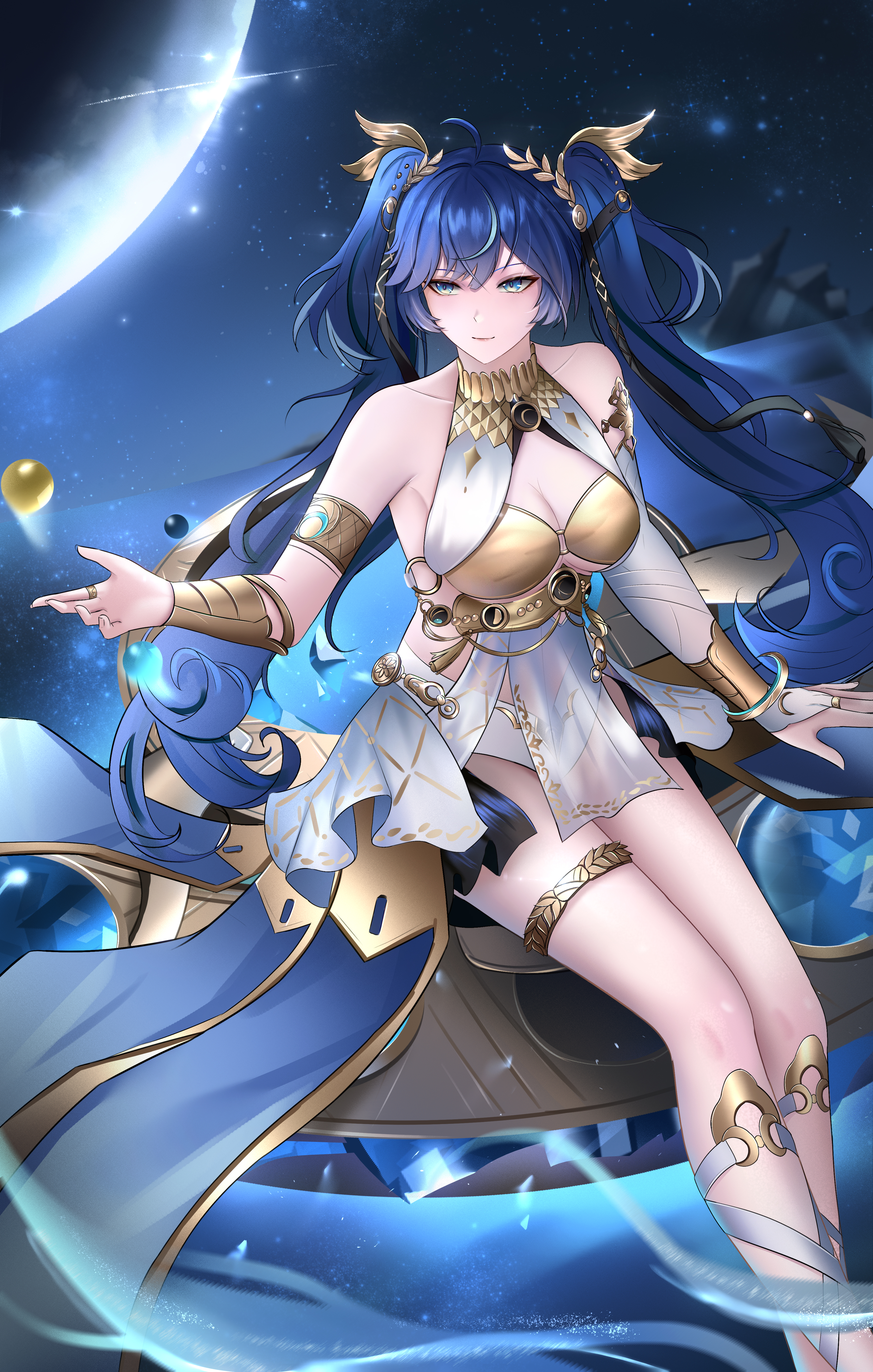 iuno (wuthering waves), wuthering waves, absurdres, commentary, highres, 1girl, ahoge, ancient greek clothes, armlet, bare shoulders, black skirt, blue eyes, blue hair, breasts, cleavage, closed mouth, feet out of frame, gold bra, greco-roman clothes, hair belt, hand up, head wreath, jewelry, long hair, looking to the side, medium breasts, miniskirt, multicolored hair, orb, showgirl skirt, shuo bian yue, skirt, smile, solo, streaked hair, thighlet, thighs, twintails, very long hair