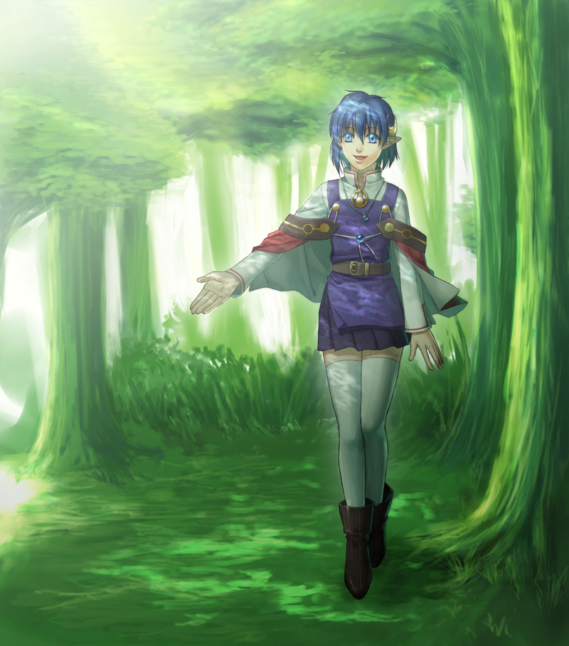 rena lanford, star ocean, star ocean: the second story, blue hair, boots, brown boots, forest, nature, pointy ears, solo, thighhighs