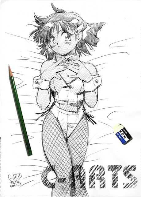 maguta, maguta (c-arts), nadia la arwall, fushigi no umi no nadia, tombow mono, 1990s (style), 1girl, animal ears, bed, bow, bowtie, dark-skinned female, dark skin, eraser, fake animal ears, female focus, fishnet pantyhose, fishnets, greyscale, monochrome, pantyhose, pencil, playboy bunny, rabbit ears, retro artstyle, short hair, solo, wooden pencil, wrist cuffs