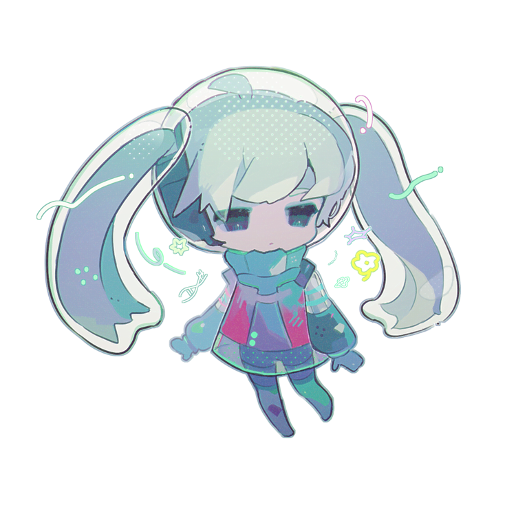 mawarusanso, hatsune miku, vocaloid, commentary request, black eyes, chibi, chibi only, closed mouth, expressionless, full body, helmet, long sleeves, no nose, see-through clothes, see-through sleeves, simple background, space helmet, spacesuit, thighhighs, white background