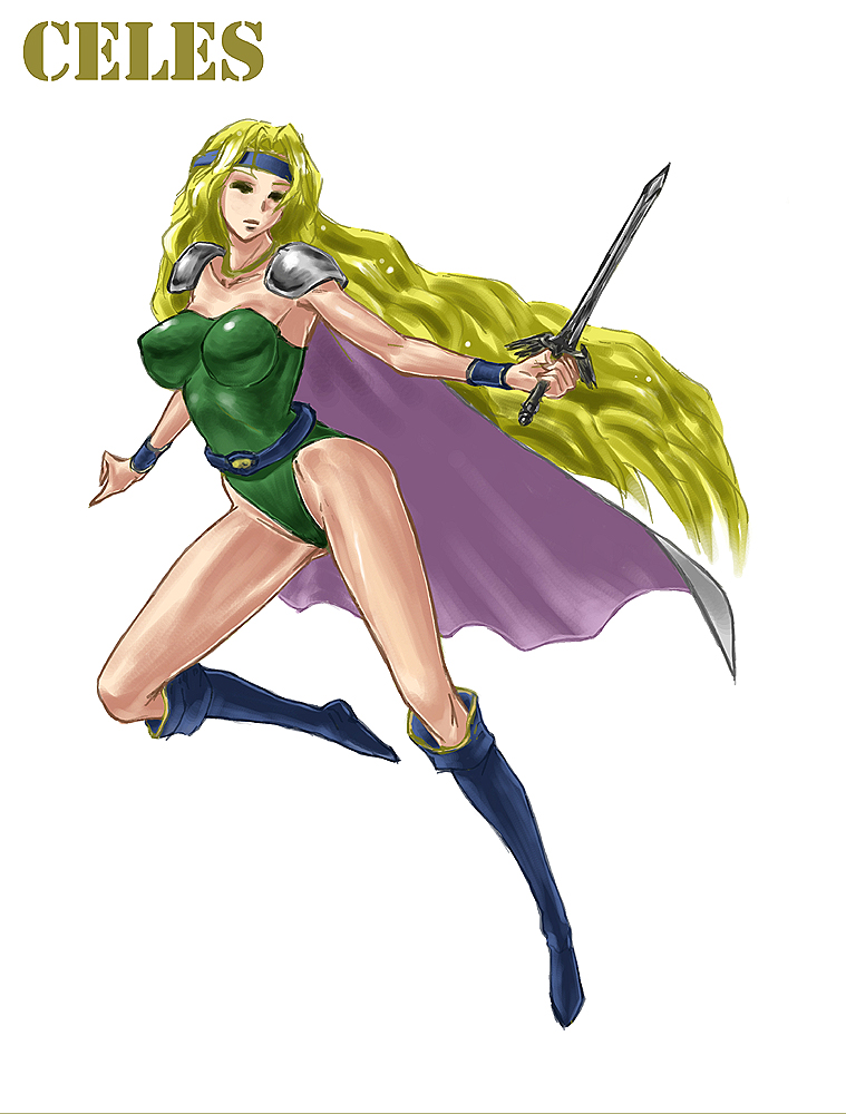 alltime, celes chere, final fantasy, final fantasy vi, bad id, bad pixiv id, 1990s (style), 1girl, blonde hair, boots, breasts, cape, character name, female focus, headband, large breasts, leotard, long hair, retro artstyle, solo, sword, very long hair, weapon