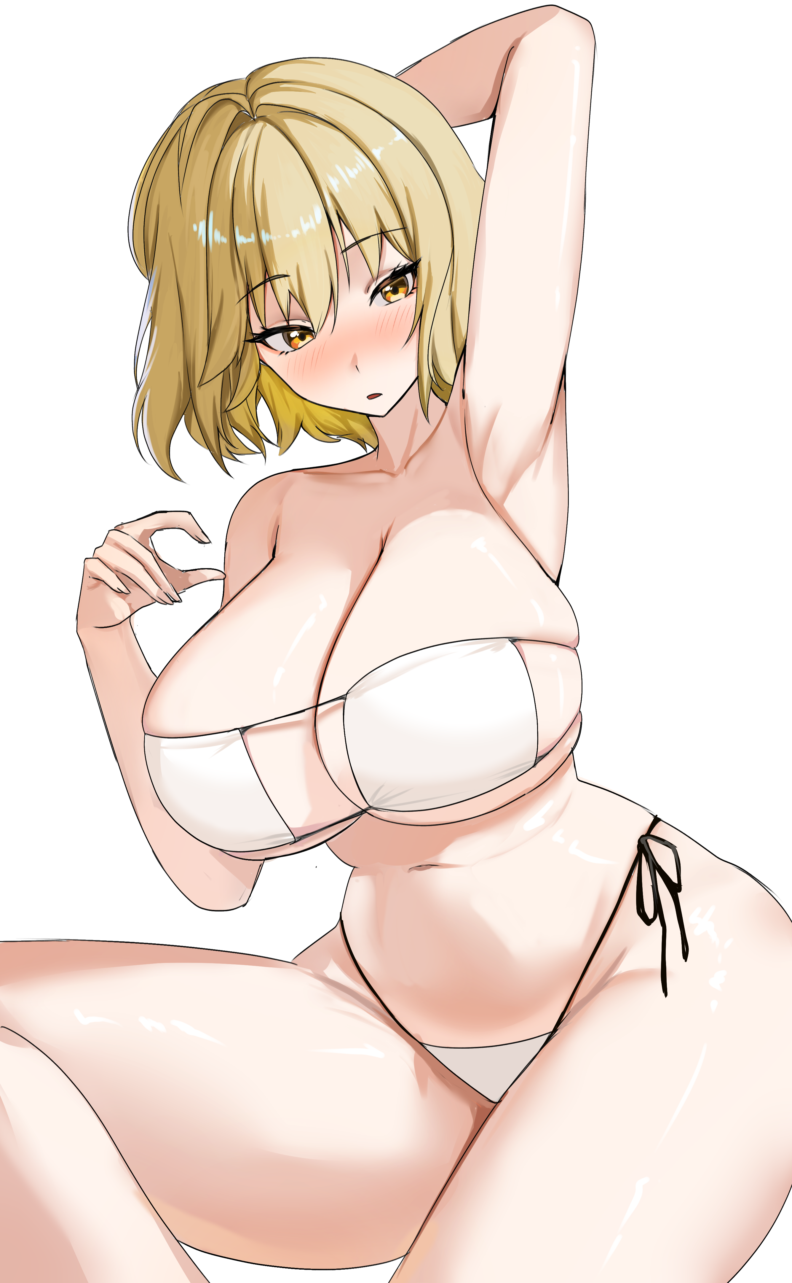 kopepan (kopepann11), anis (nikke), anis (sparkling summer) (nikke), goddess of victory: nikke, absurdres, commentary, highres, 1girl, arm behind head, arm up, armpits, bare arms, bare legs, bare shoulders, bikini, blush, breasts, brown hair, cleavage, collarbone, cowboy shot, eyepatch bikini, hair between eyes, hand up, huge breasts, looking at viewer, navel, nose blush, official alternate costume, parted lips, presenting armpit, short hair, side-tie bikini bottom, simple background, sitting, skindentation, solo, stomach, string bikini, swimsuit, white background, white bikini, yellow eyes