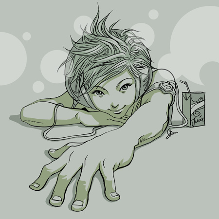 stanley lau, pepper project, bad tag, lowres, foreshortening, headphones, monochrome