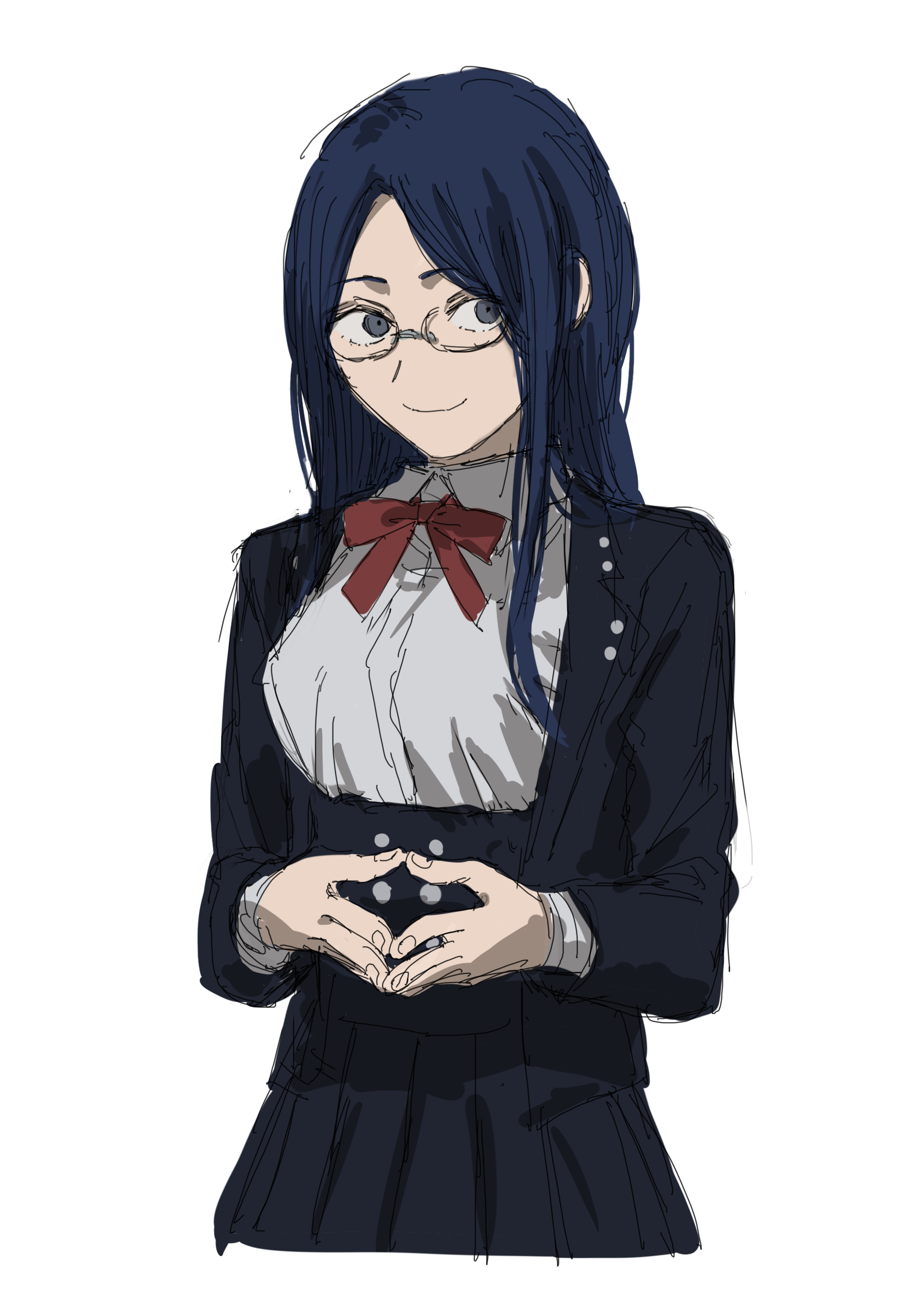 krmtknkoo1582, shirogane tsumugi, danganronpa (series), danganronpa v3: killing harmony, absurdres, commentary request, highres, 1girl, black corset, black jacket, black skirt, blazer, blue eyes, blue hair, bow, bowtie, buttons, collared jacket, collared shirt, corset, cropped legs, glasses, grey-framed eyewear, happy, jacket, lapels, layered sleeves, long hair, long sleeves, looking at viewer, notched lapels, open clothes, open jacket, orange bow, orange bowtie, own hands together, pleated skirt, round eyewear, shirt, sidelocks, simple background, skirt, solo, standing, white background, white shirt