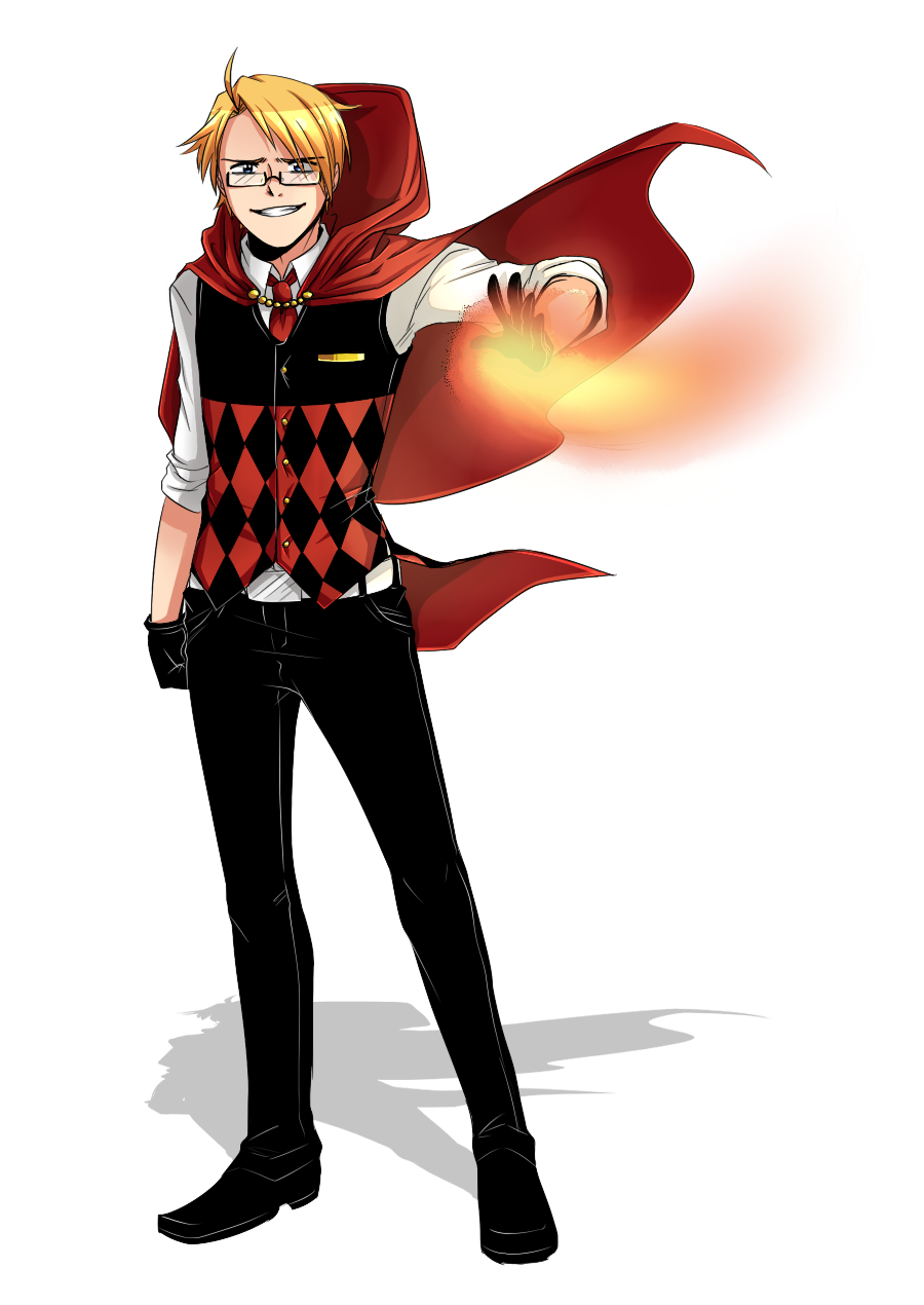 hiffuu, axis powers hetalia, highres, 1boy, ahoge, argyle clothes, argyle vest, black gloves, black pants, blonde hair, cloak, fire, full body, glasses, gloves, green eyes, grin, hood, hooded cloak, pants, pyrokinesis, rectangular eyewear, red cloak, smile, standing, wizard