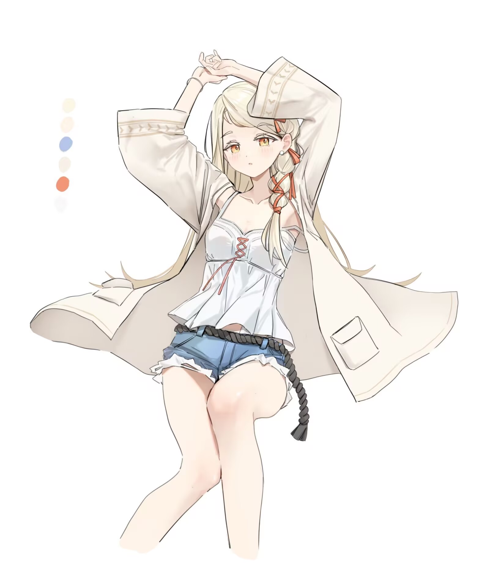 crsaki, shinosawa hiro, gakuen idolmaster, idolmaster, commentary request, highres, partial commentary, 1girl, armpits, arms up, bare legs, camisole, collarbone, color guide, cropped legs, denim, denim shorts, long hair, looking at viewer, midriff peek, official alternate hairstyle, robe, short shorts, shorts, simple background, solo, very long hair, white background, white camisole, white robe