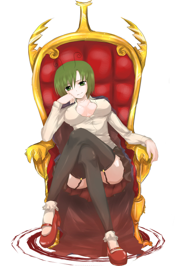 minatsuki randoseru, wriggle nightbug, touhou, 1girl, aged up, antennae, breasts, cape, cleavage, crossed legs, female focus, green eyes, green hair, large breasts, looking at viewer, matching hair/eyes, short hair, sitting, solo, thighhighs, throne