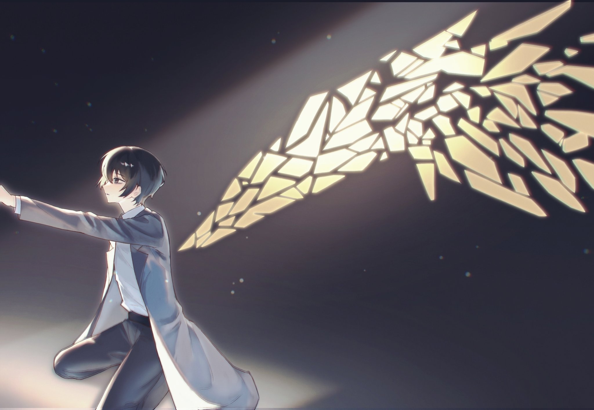 buhuaixiaoguai, yi sang (project moon), limbus company, project moon, commentary, english commentary, highres, 1boy, black hair, black pants, coat, dated commentary, male focus, pants, shirt, solo, white shirt, wings