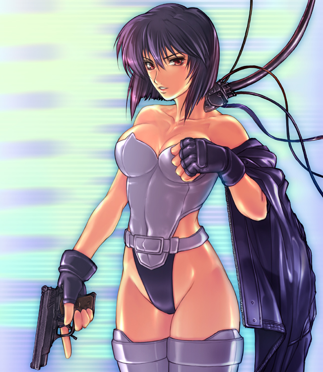 yoko juusuke, kusanagi motoko, ghost in the shell, ghost in the shell: stand alone complex, 00s, 1girl, bare shoulders, belt, breasts, cable, cleavage, collarbone, cyborg, female focus, fingerless gloves, gloves, groin, gun, handgun, highleg, highleg leotard, jacket, joints, leotard, purple hair, robot joints, short hair, solo, thighhighs, weapon