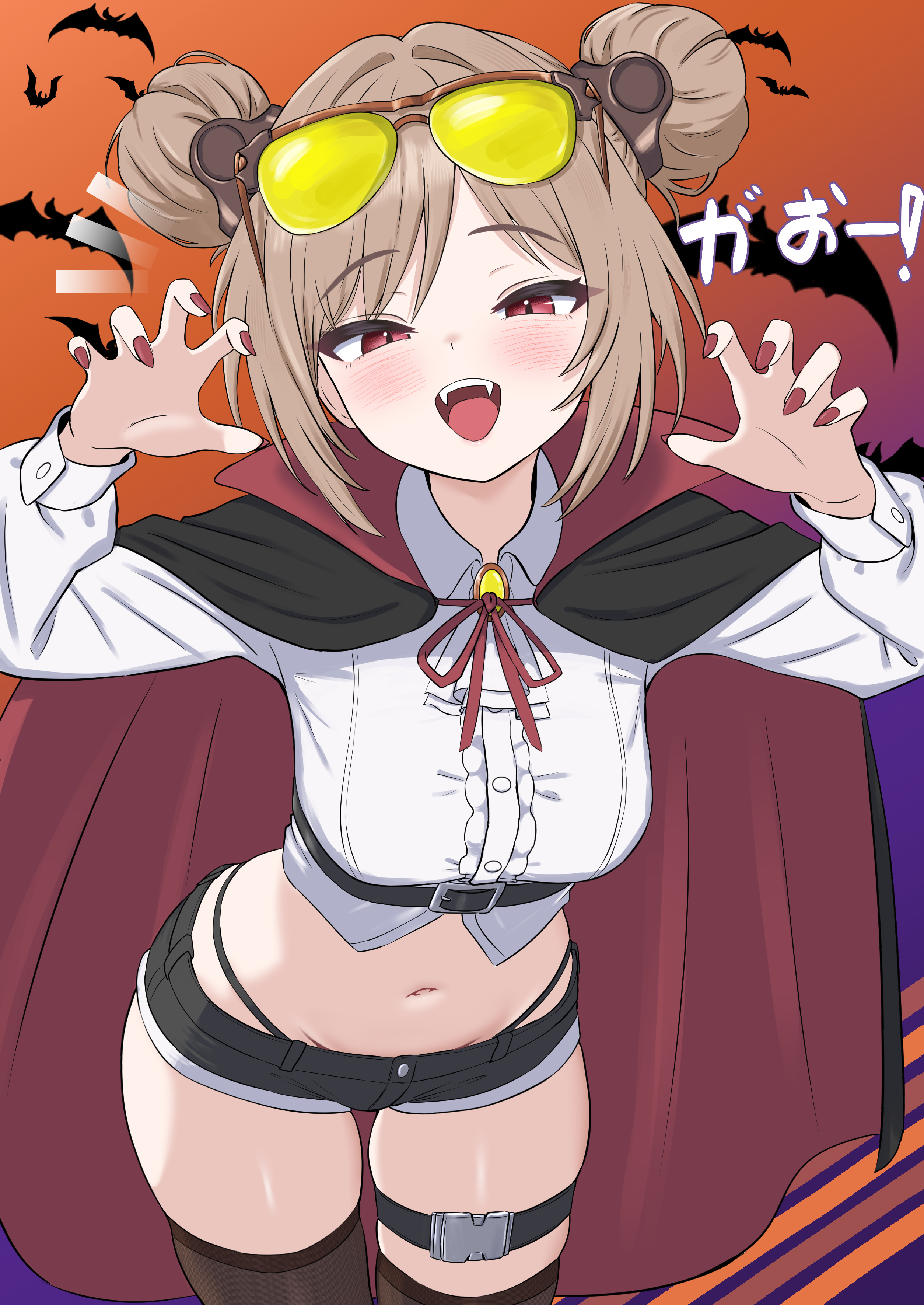 oldsickkim, p90 (girls' frontline), girls' frontline, absurdres, commentary request, commission, highres, pixiv commission, 1girl, alternate costume, animal print, arms up, ascot, bat print, belt, belt buckle, black cape, black shorts, black thighhighs, blush, breasts, brown hair, buckle, cape, center frills, claw pose, crop top, cropped shirt, double bun, eyewear on head, fangs, fingernails, frills, gao, gem, hair bun, halloween costume, highleg, highleg panties, jewelry, leaning forward, long sleeves, looking at viewer, medium breasts, midriff, nail polish, navel, open mouth, panties, panty straps, pendant, popped collar, puffy long sleeves, puffy sleeves, red cape, red eyes, red nails, shirt, short shorts, shorts, skindentation, smile, solo, stomach, thick thighs, thigh belt, thigh strap, thighhighs, thighs, tinted eyewear, two-sided cape, two-sided fabric, underwear, vampire costume, white ascot, white shirt, yellow-tinted eyewear, yellow gemstone