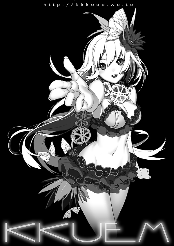 kkuem, original, bad id, bad pixiv id, finger gun, flower, greyscale, hair flower, hair ornament, long hair, midriff, monochrome, skirt, solo