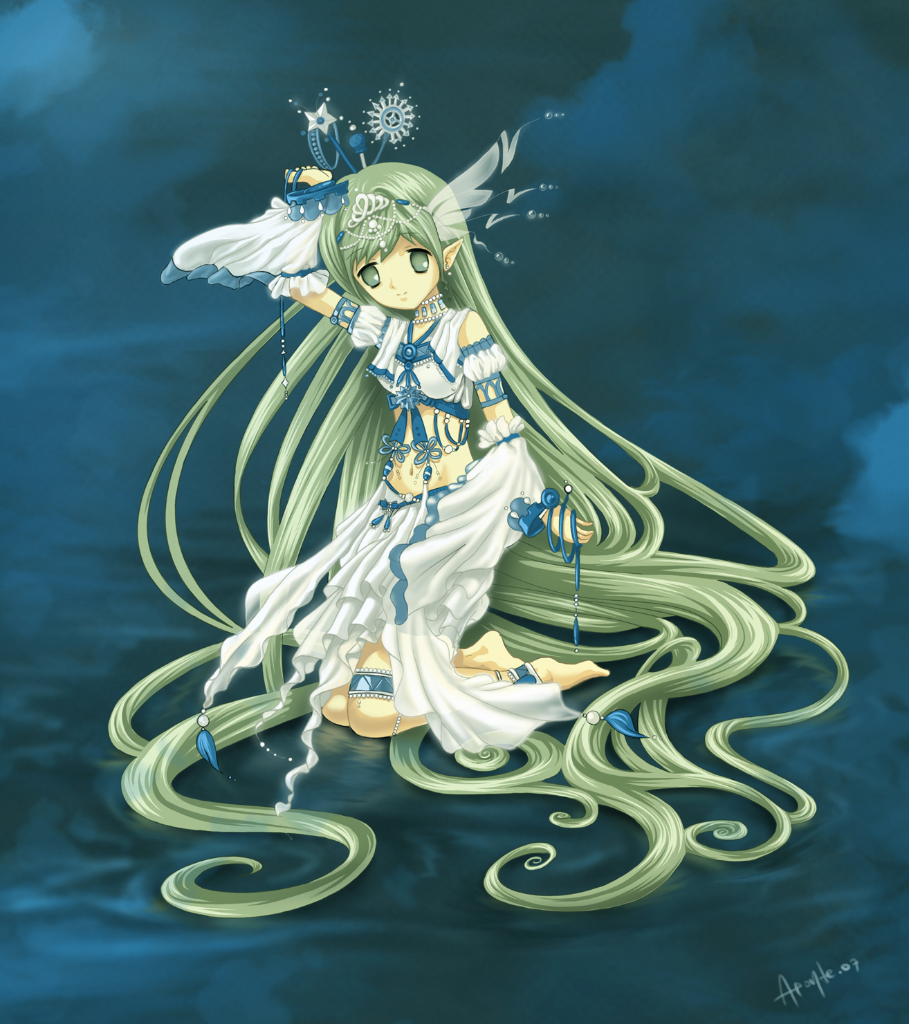 henry aponte, henry partum, highres, 1girl, elf, female focus, green eyes, green hair, kneeling, long hair, matching hair/eyes, pointy ears, solo, very long hair