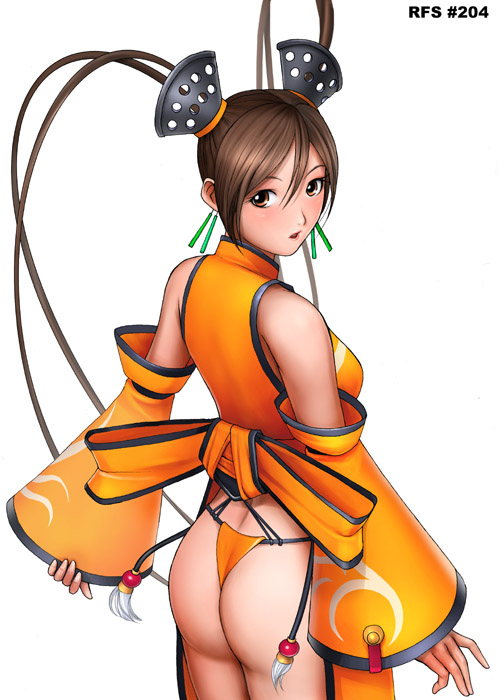 ryu (ryu's form site), ass, brown eyes, brown hair, china dress, chinese clothes, detached sleeves, dress, looking back, panties, solo, thong, twintails, underwear