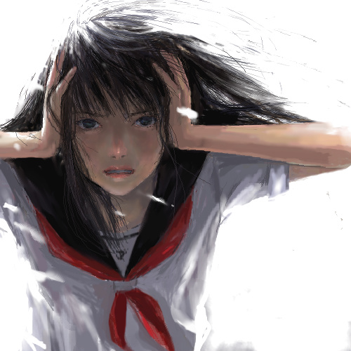 lowres, 1girl, black eyes, black hair, female focus, long hair, oekaki, school uniform, serafuku, solo, wind
