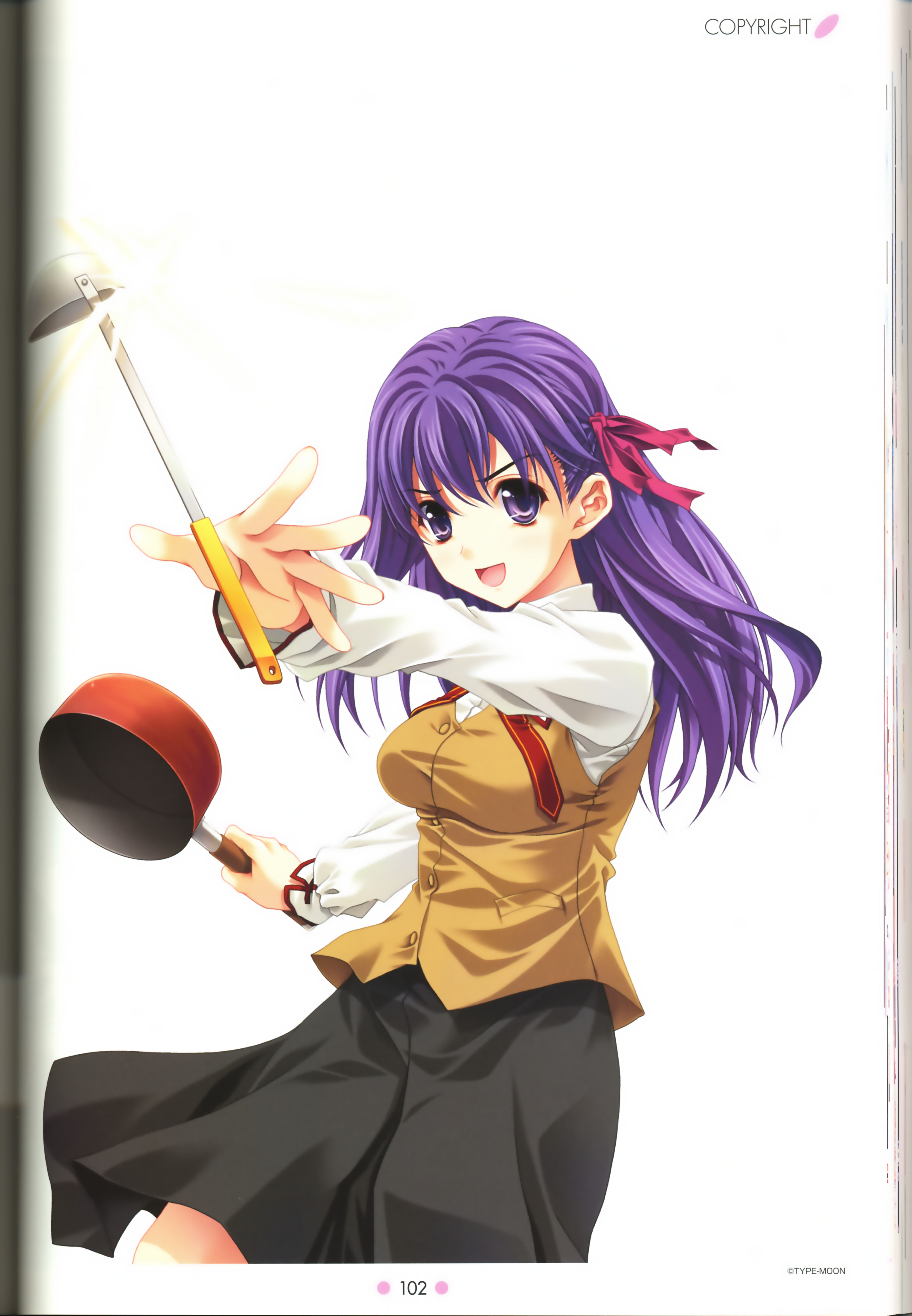 miyama-zero, matou sakura, fate/stay night, fate (series), absurdres, highres, scan, 00s, 1girl, female focus, homurabara academy school uniform, ladle, school uniform, serafuku, solo